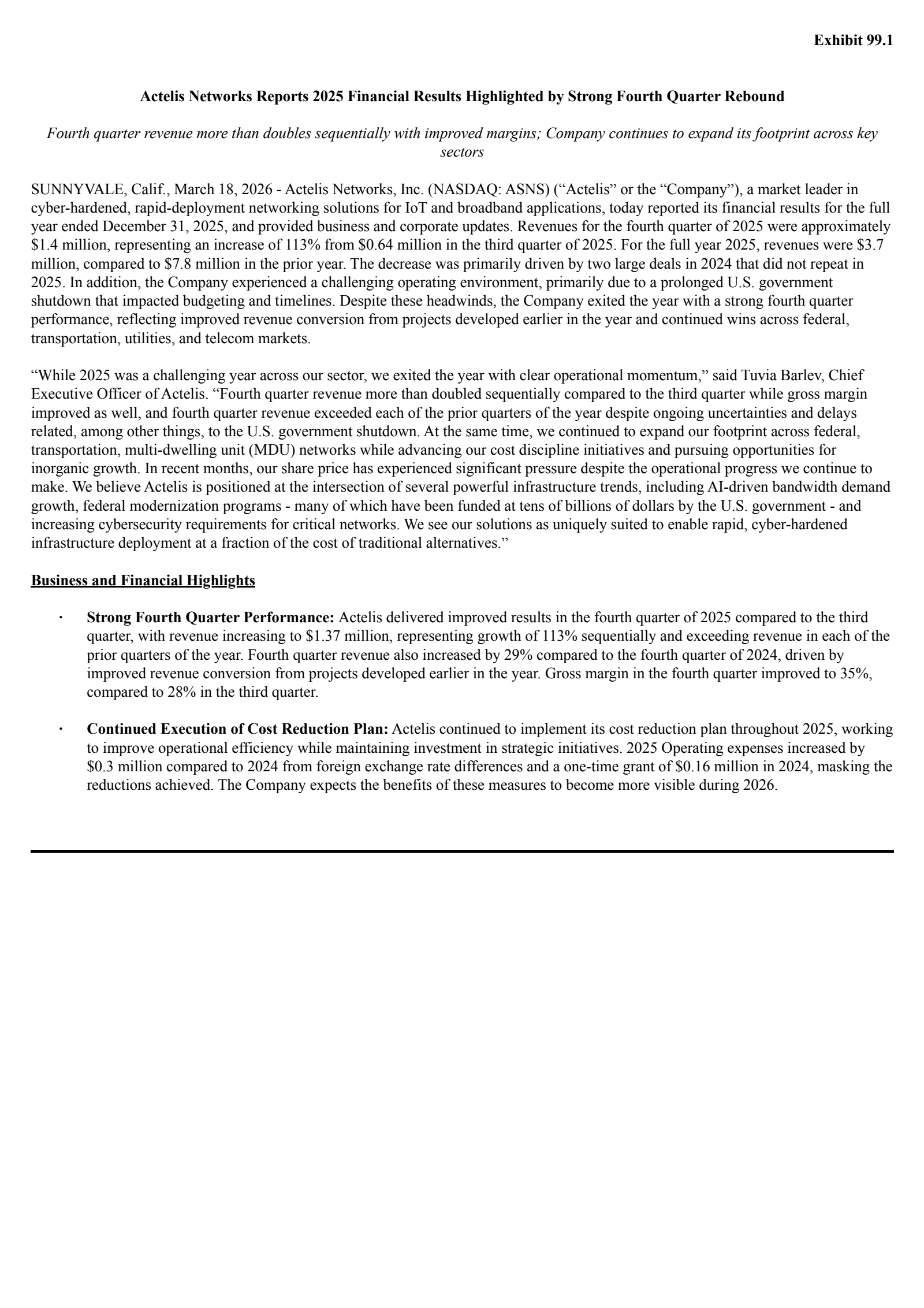 Actelis Networks' Q4 2025 Press Release