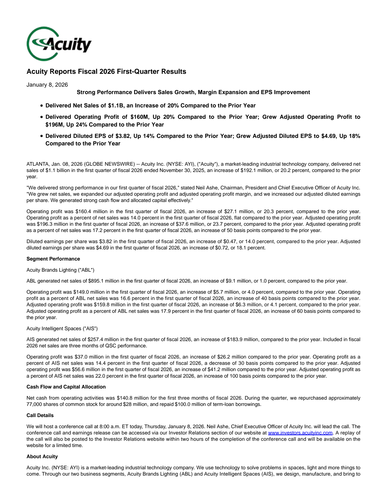 Acuity's Q1 2026 Earnings Release