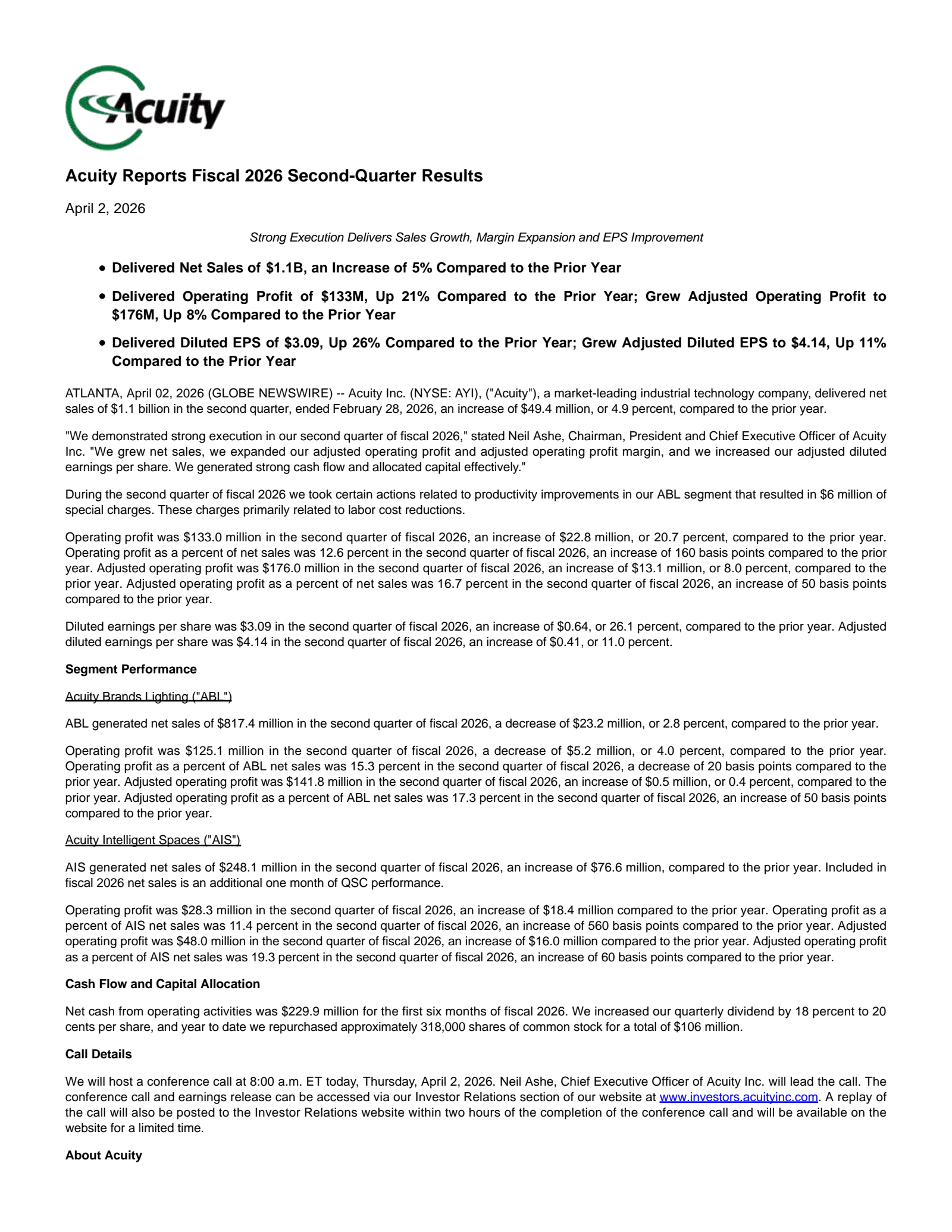 Acuity's Q2 2026 Press Release
