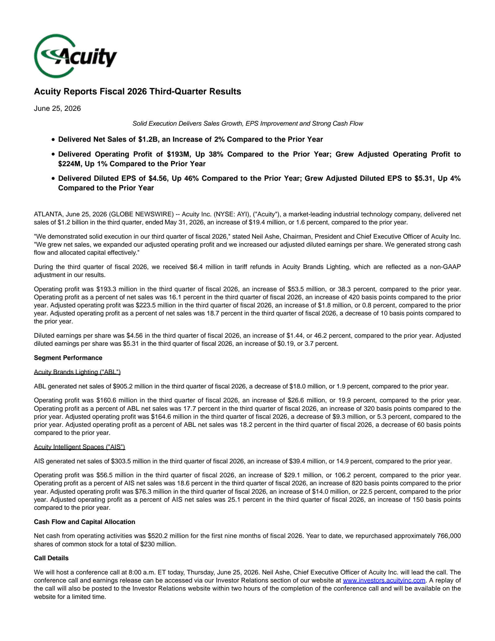 Acuity's Q3 2026 Press Release