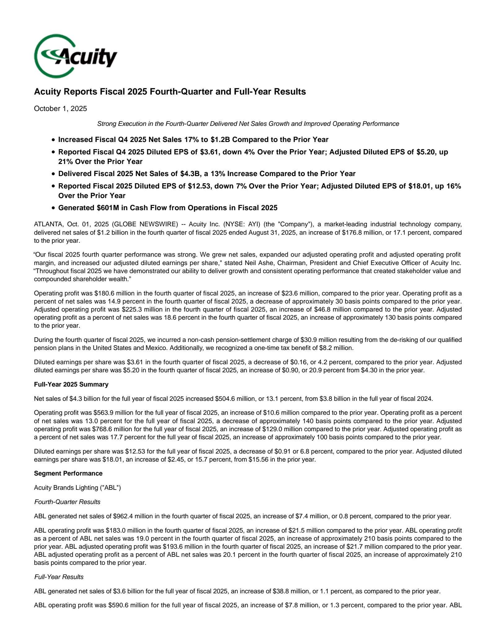 Acuity's Q4 2025 Earnings Release