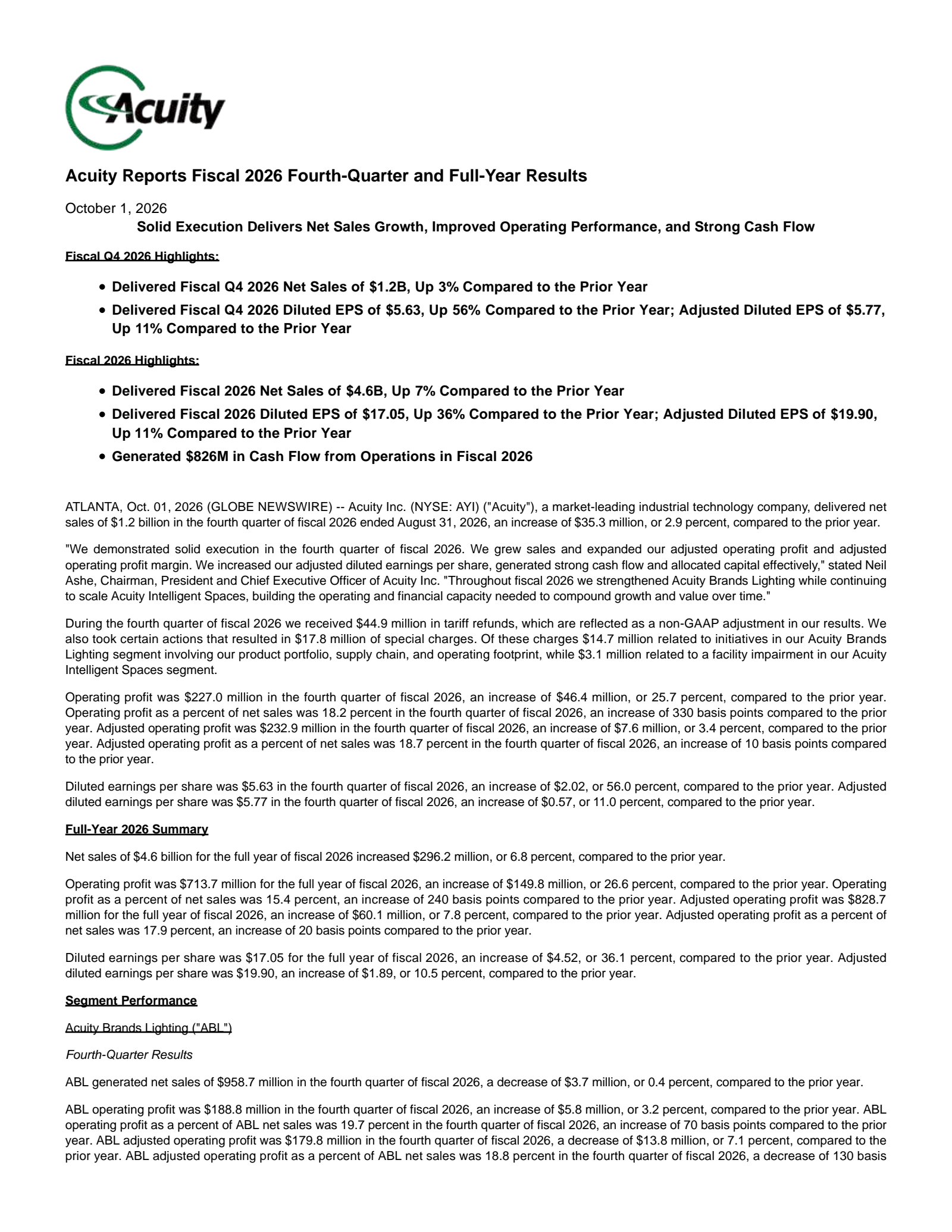 Acuity's Q4 2026 Press Release
