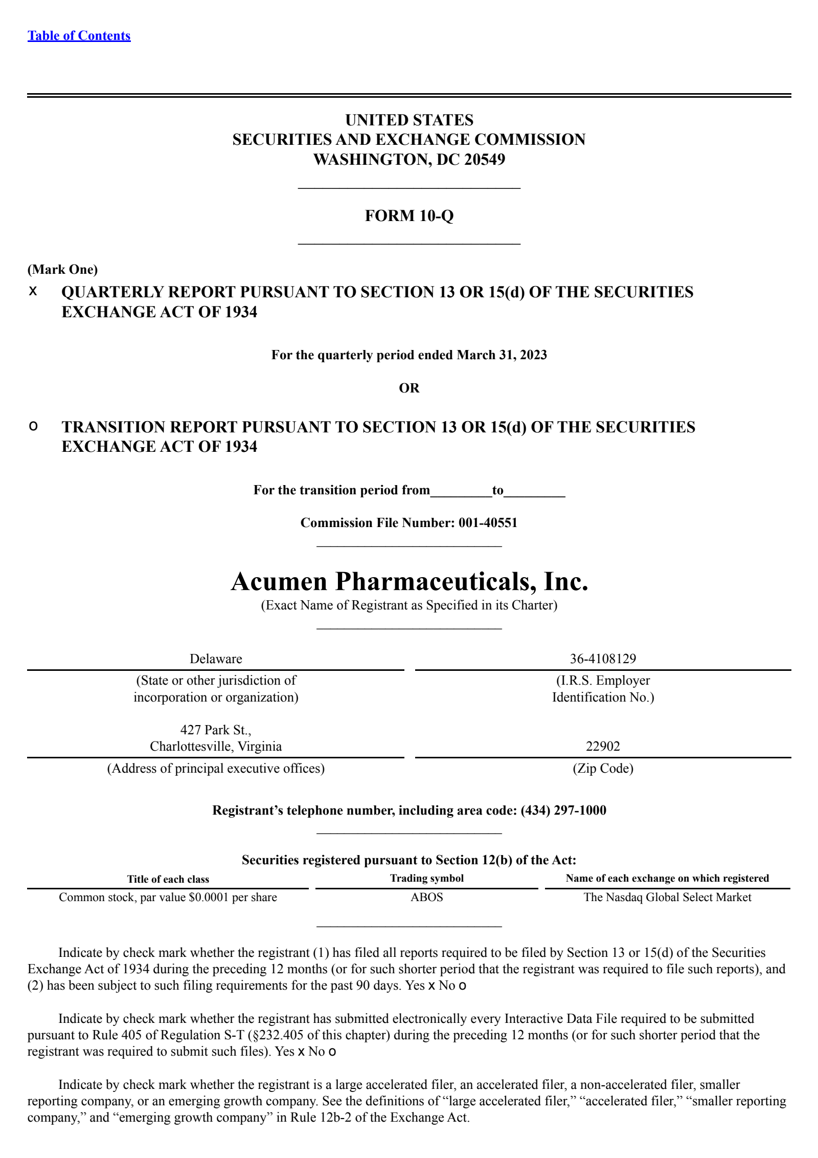 Acumen Pharmaceuticals' Q1 2023 Quarterly report