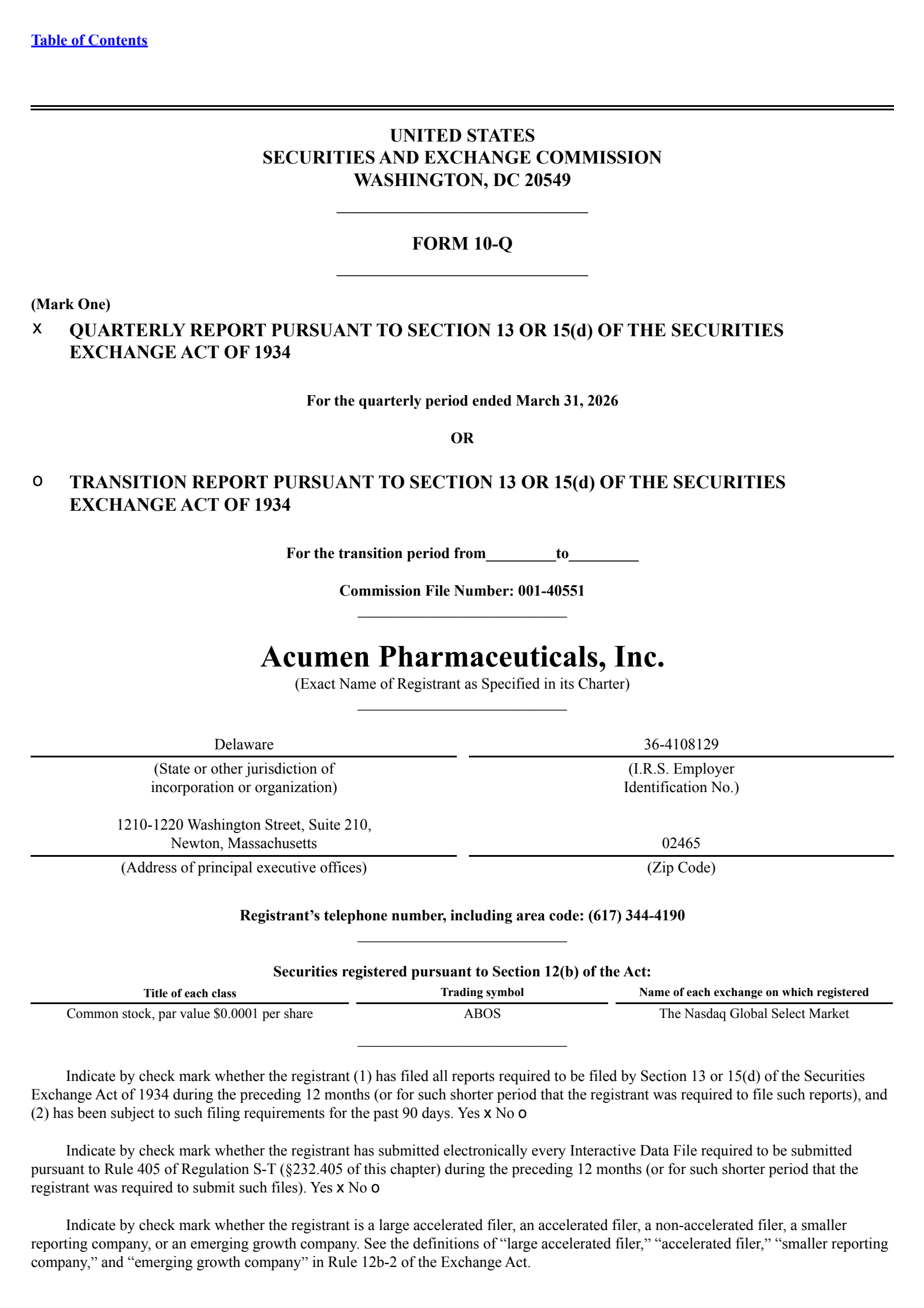 Acumen Pharmaceuticals' Q1 2026 Quarterly report
