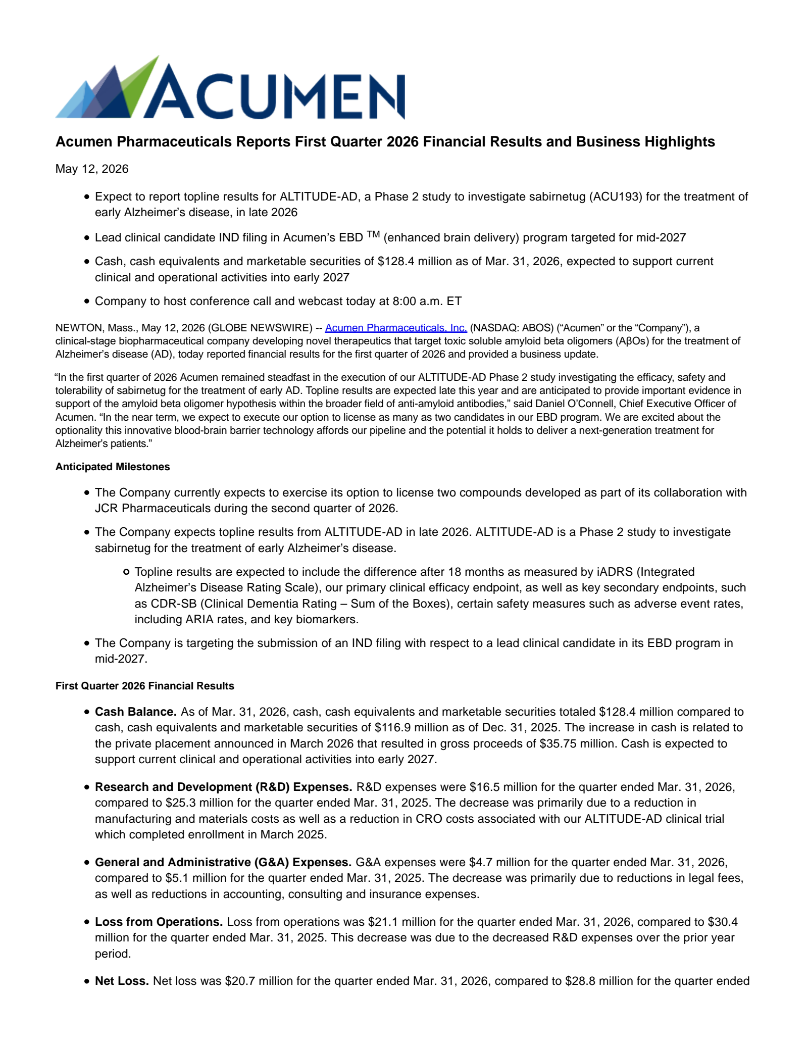 Acumen Pharmaceuticals' Q1 2026 Press Release