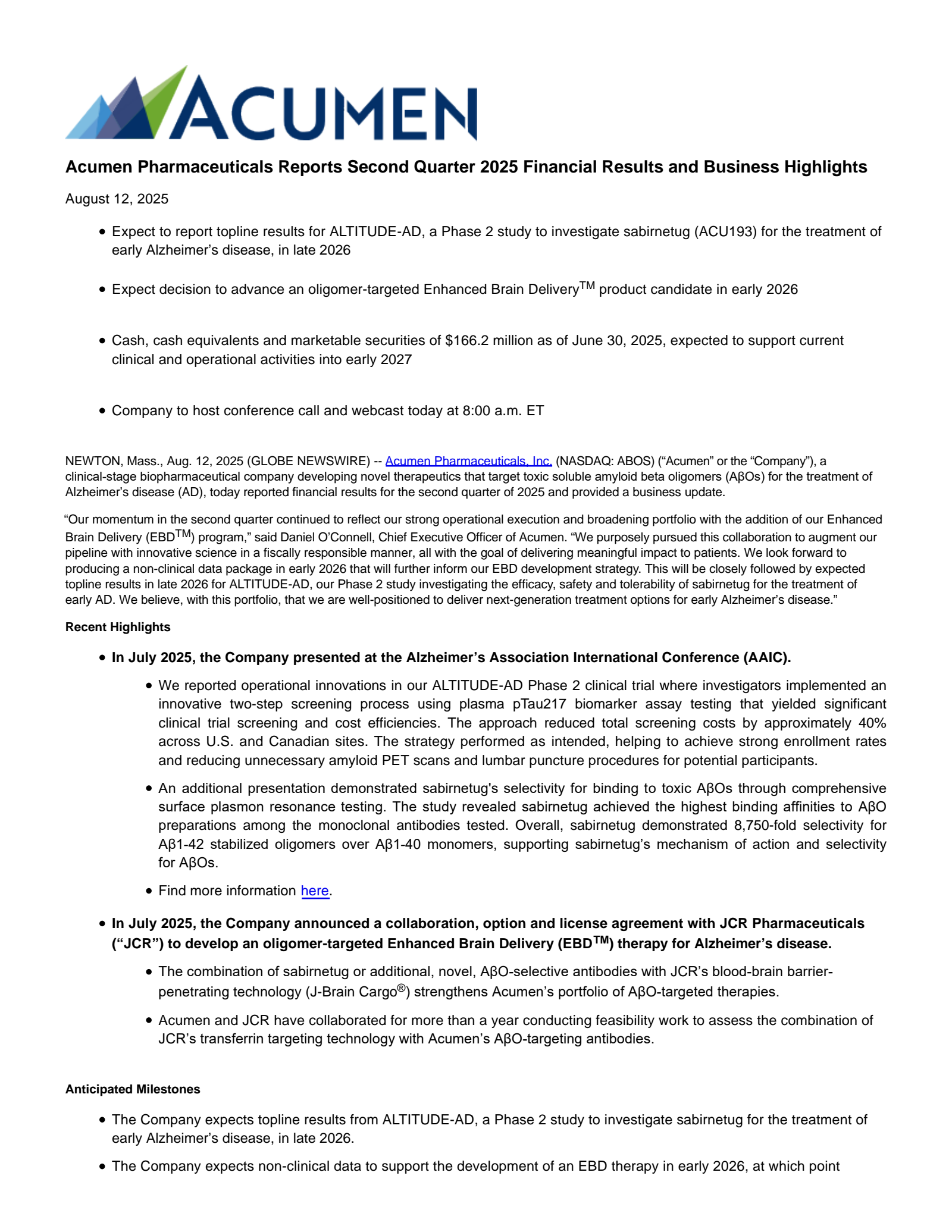 Acumen Pharmaceuticals' Q2 2025 Press Release