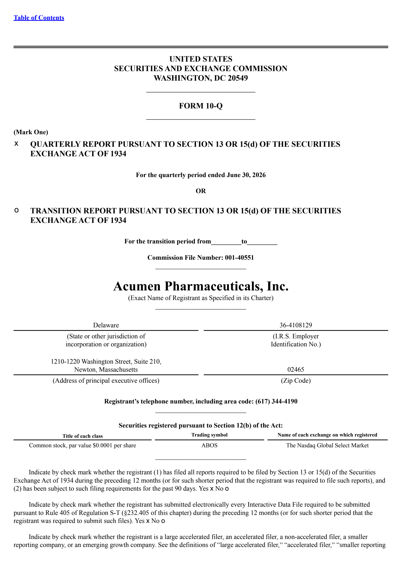 Acumen Pharmaceuticals' Q2 2026 Quarterly report