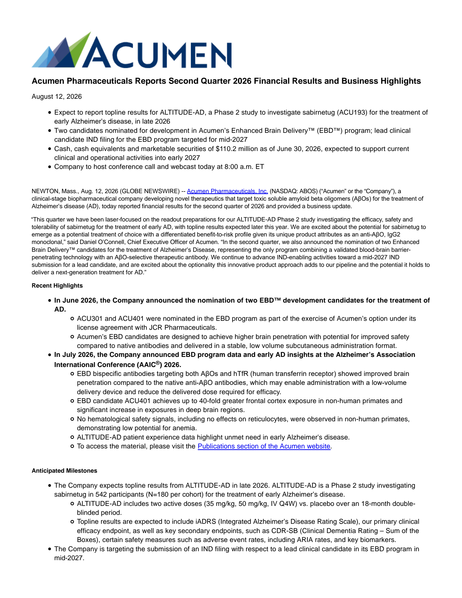 Acumen Pharmaceuticals' Q2 2026 Press Release