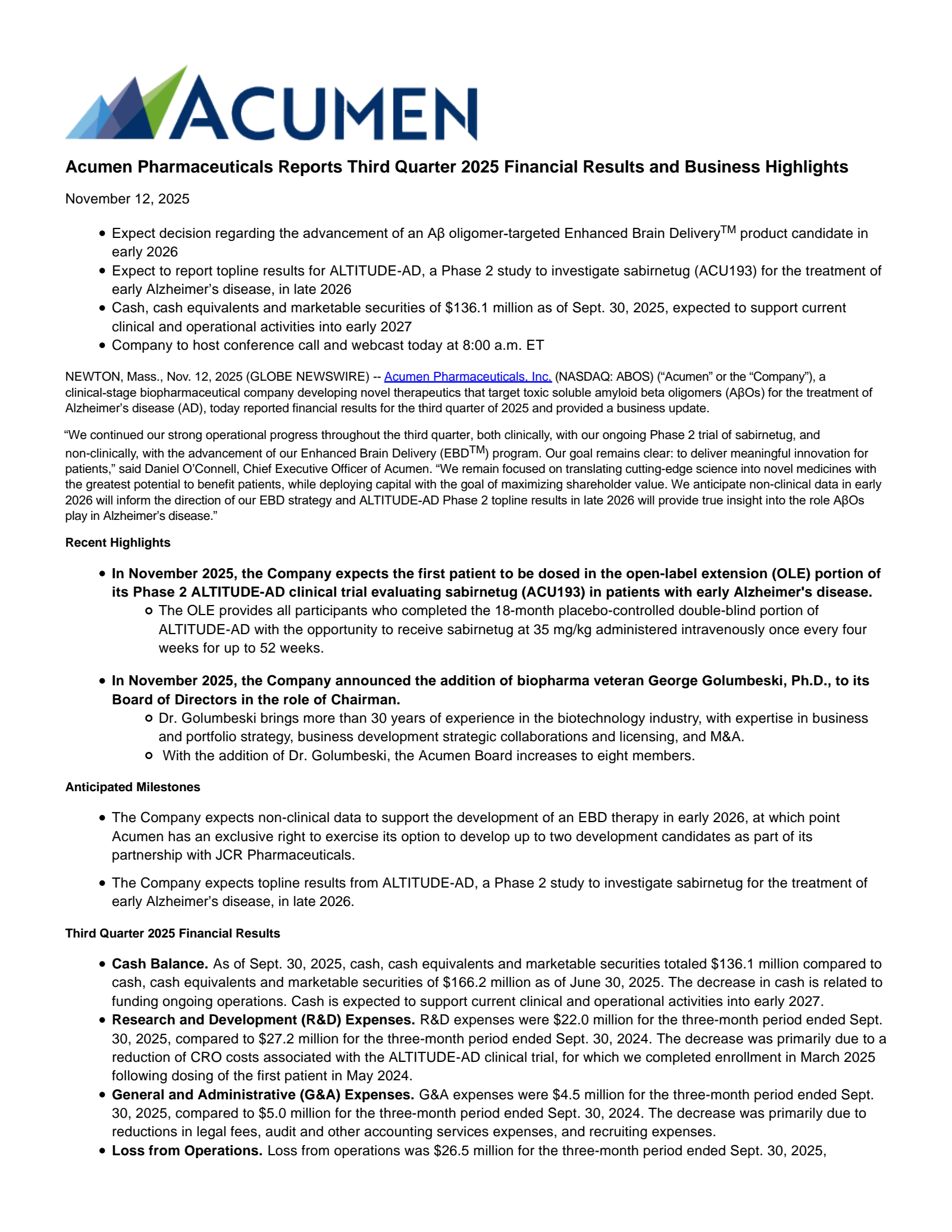 Acumen Pharmaceuticals' Q3 2025 Earnings Release