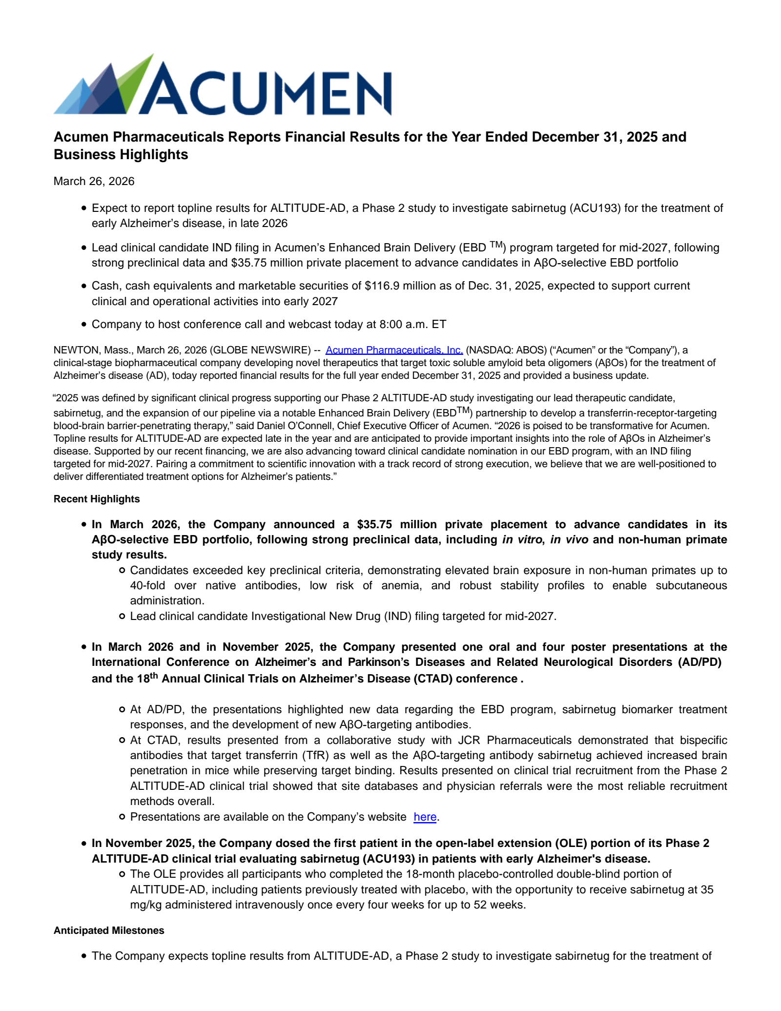 Acumen Pharmaceuticals' Q4 2025 Press Release