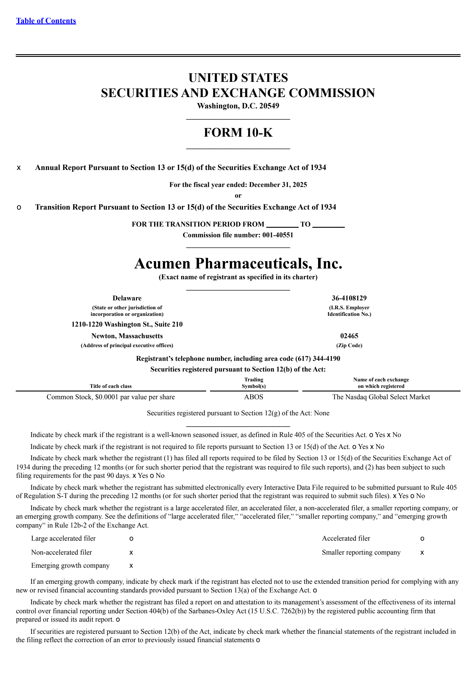 Acumen Pharmaceuticals' Q4 2025 Annual report