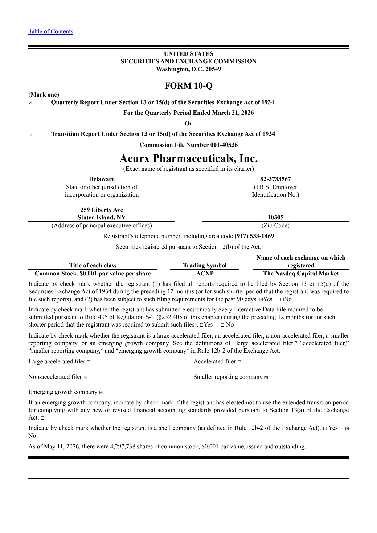 Acurx Pharmaceuticals' Q1 2026 Quarterly report