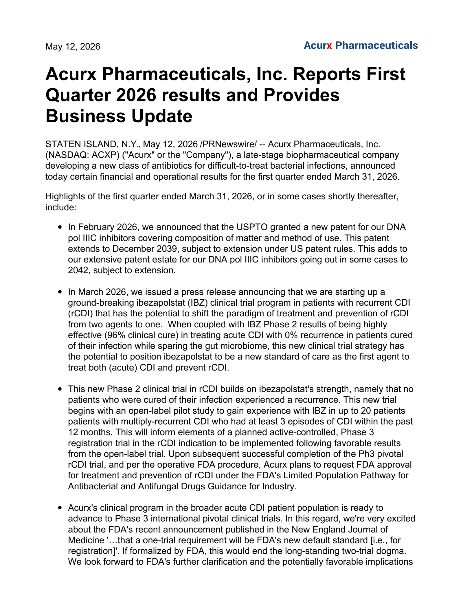 Acurx Pharmaceuticals' Q1 2026 Press Release