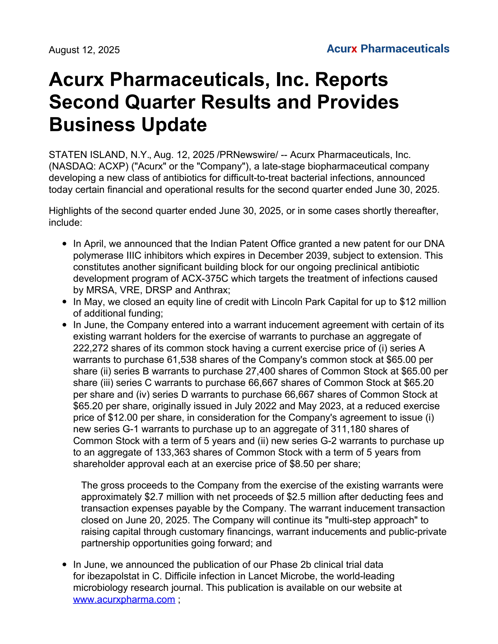Acurx Pharmaceuticals' Q2 2025 Press Release