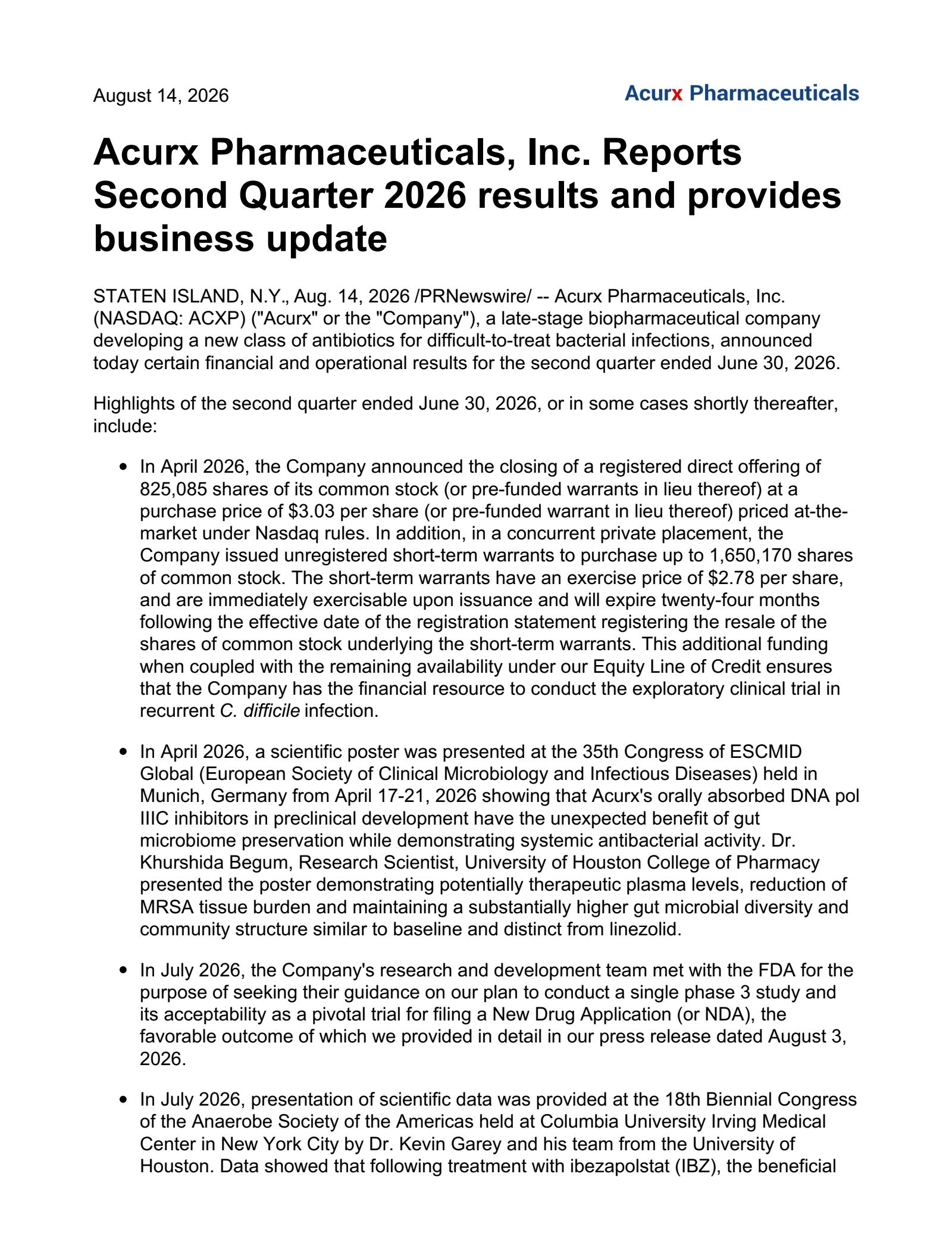 Acurx Pharmaceuticals' Q2 2026 Press Release
