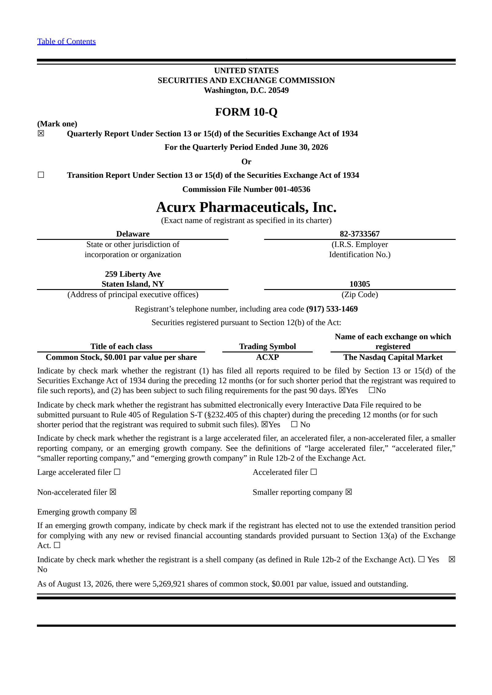 Acurx Pharmaceuticals' Q2 2026 Quarterly report