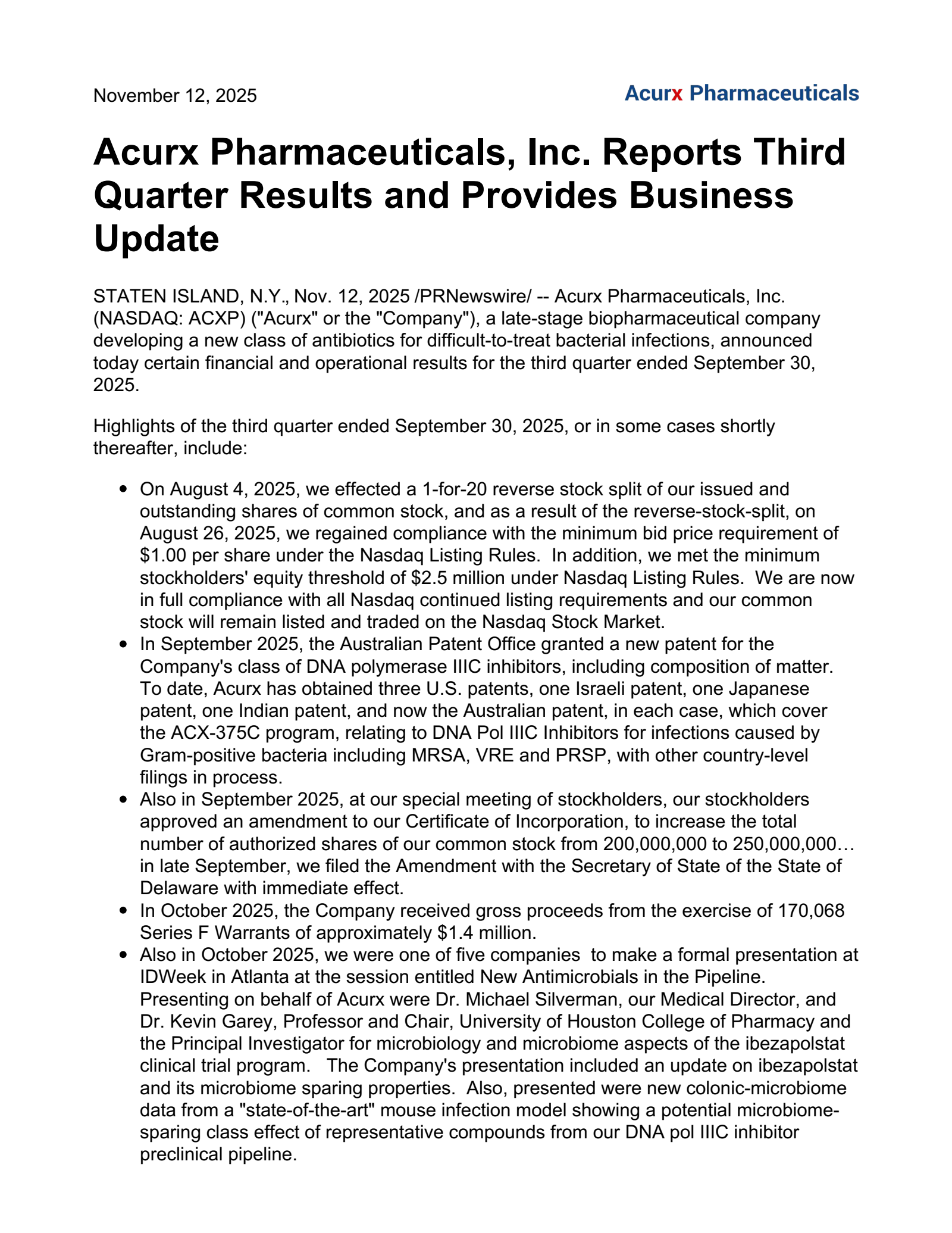 Acurx Pharmaceuticals' Q3 2025 Earnings Release