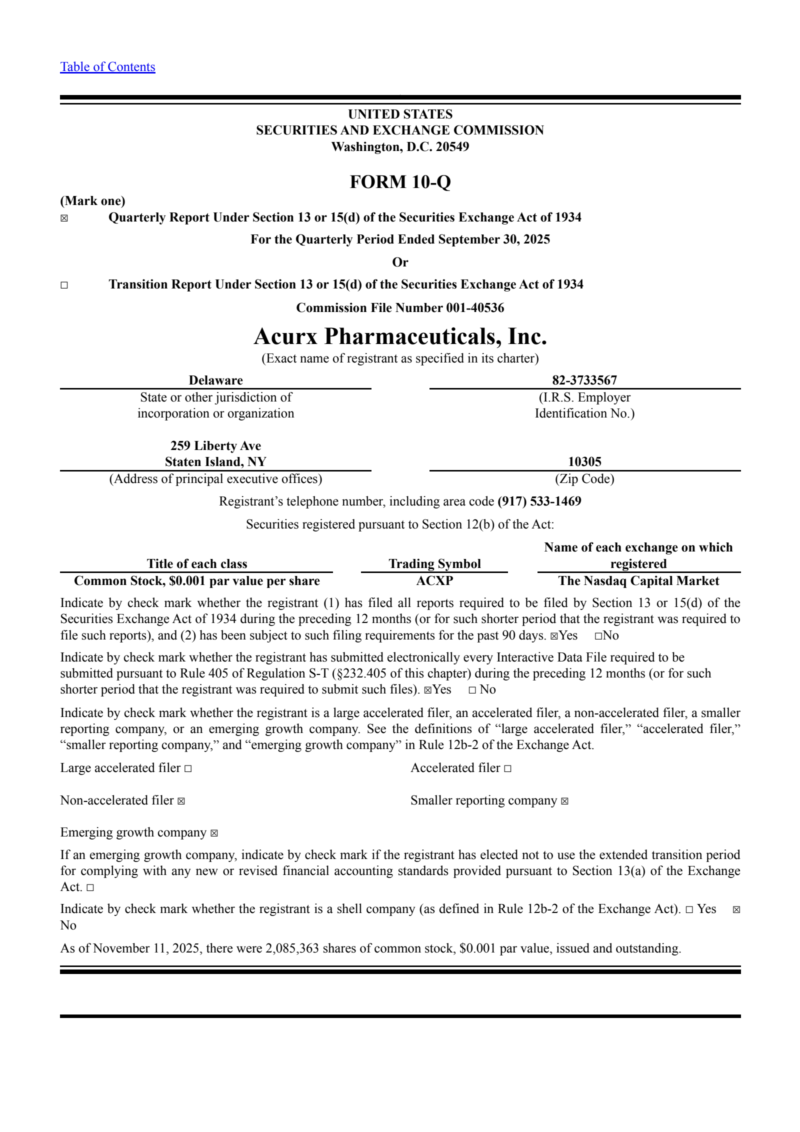 Acurx Pharmaceuticals' Q3 2025 Quarterly Report