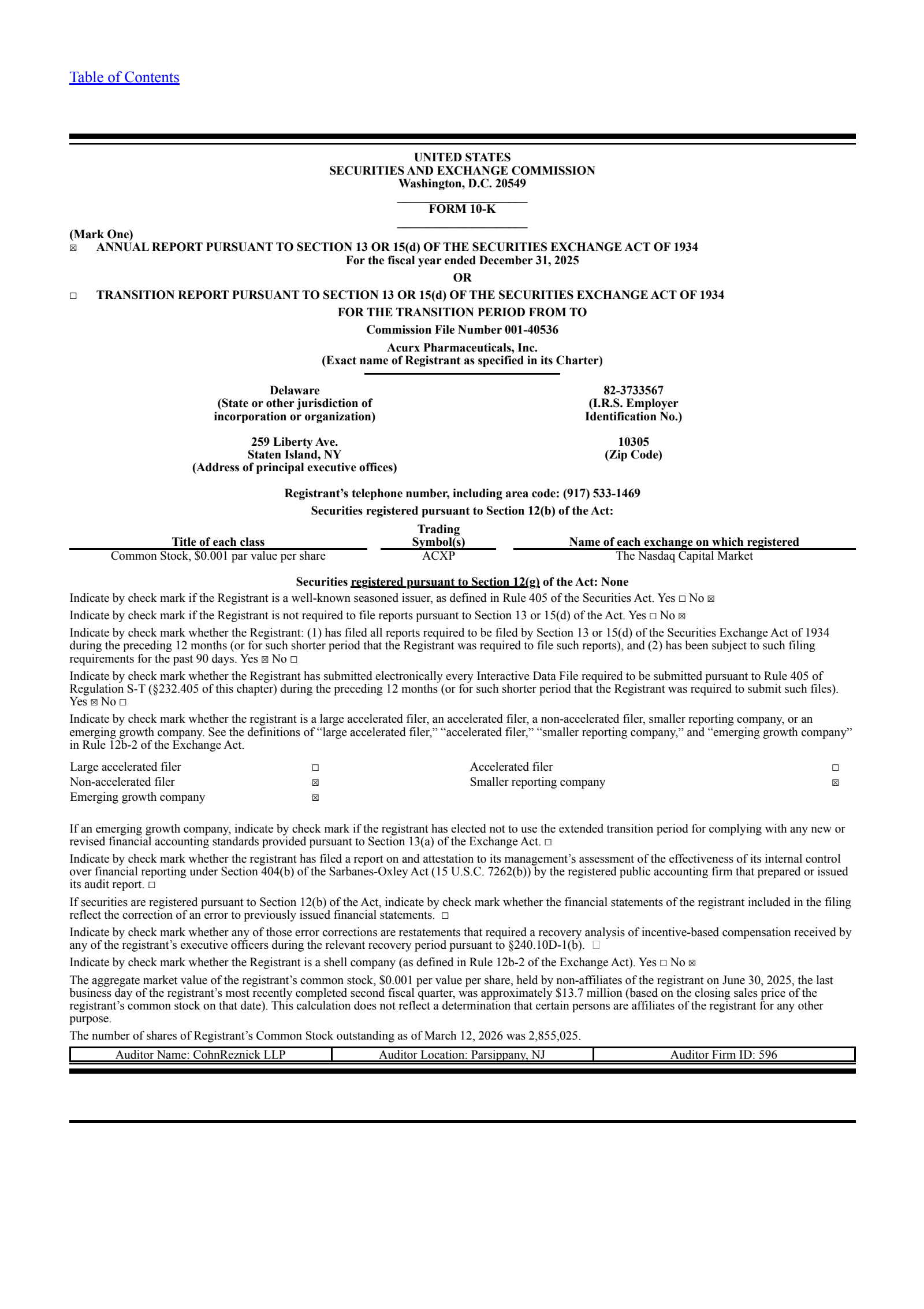 Acurx Pharmaceuticals' Q4 2025 Annual report