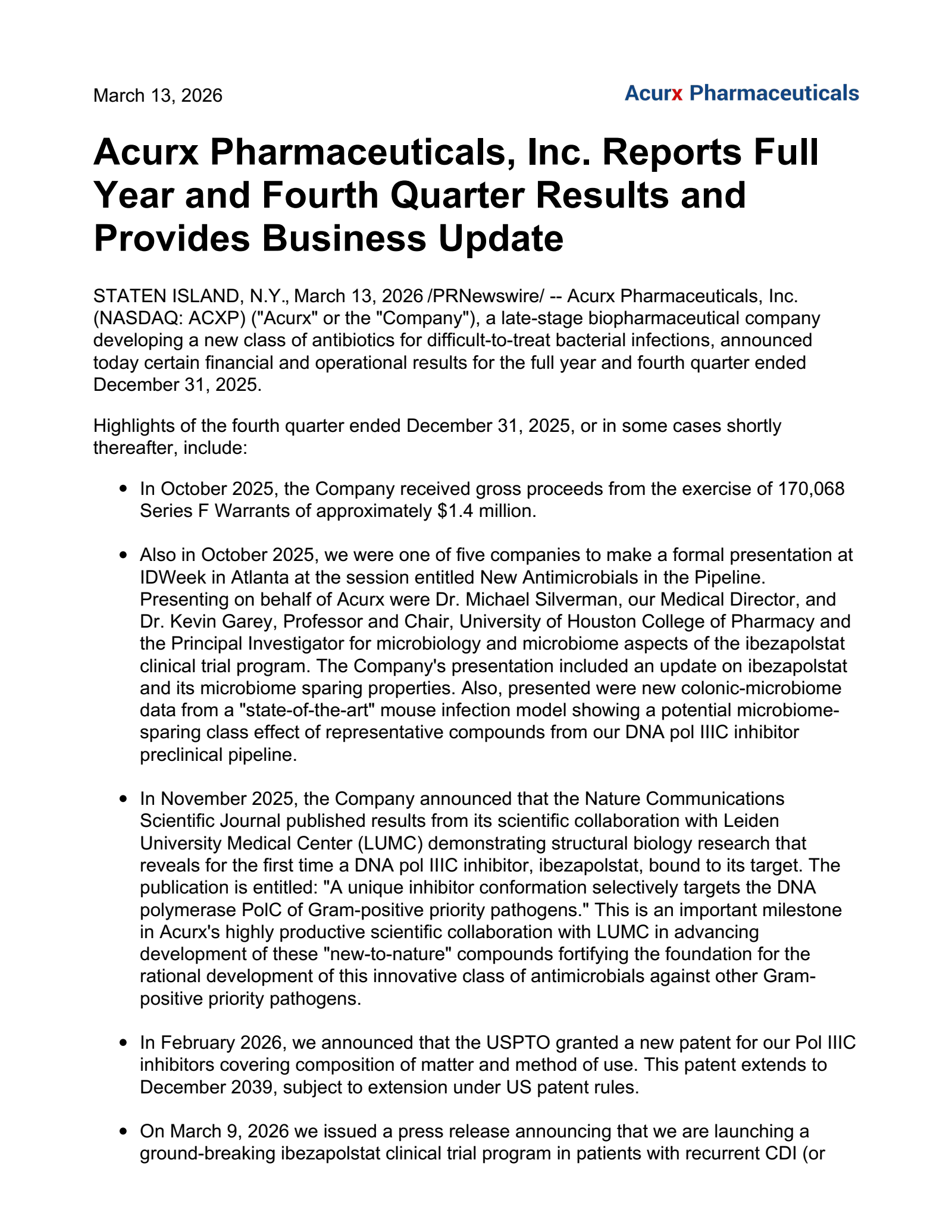 Acurx Pharmaceuticals' Q4 2025 Press Release