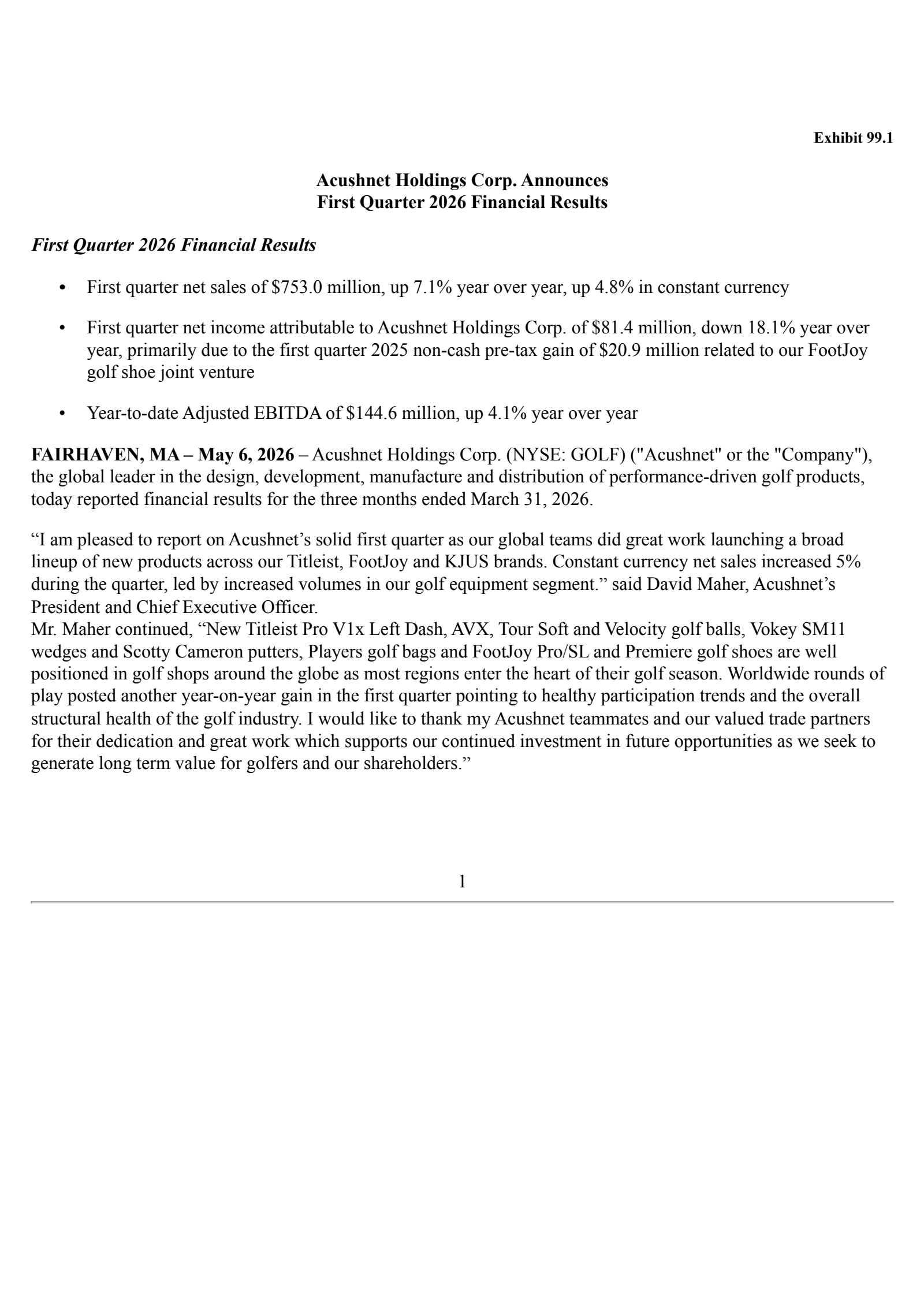 Acushnet's Q1 2026 Press Release