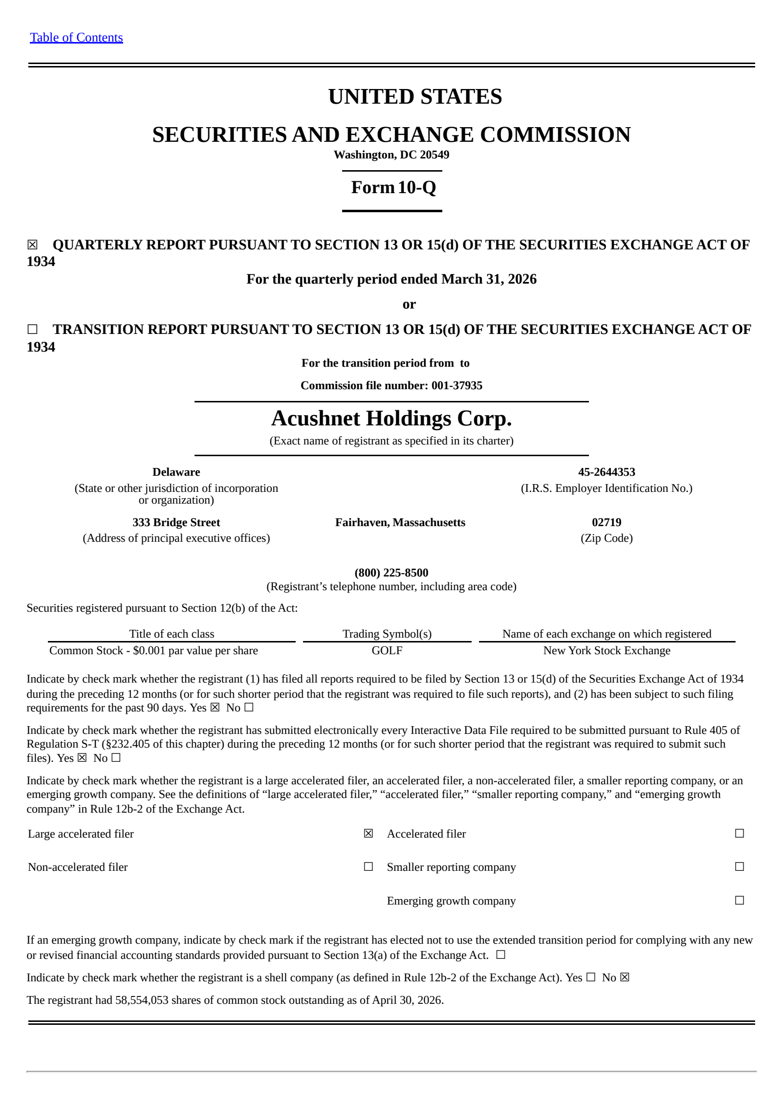Acushnet's Q1 2026 Quarterly report