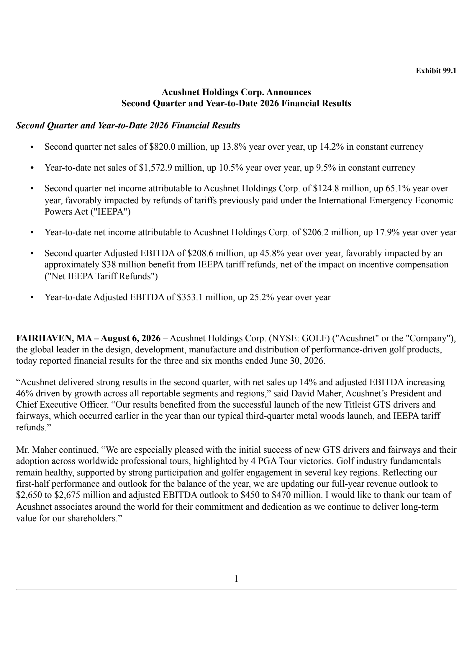 Acushnet's Q2 2026 Press Release
