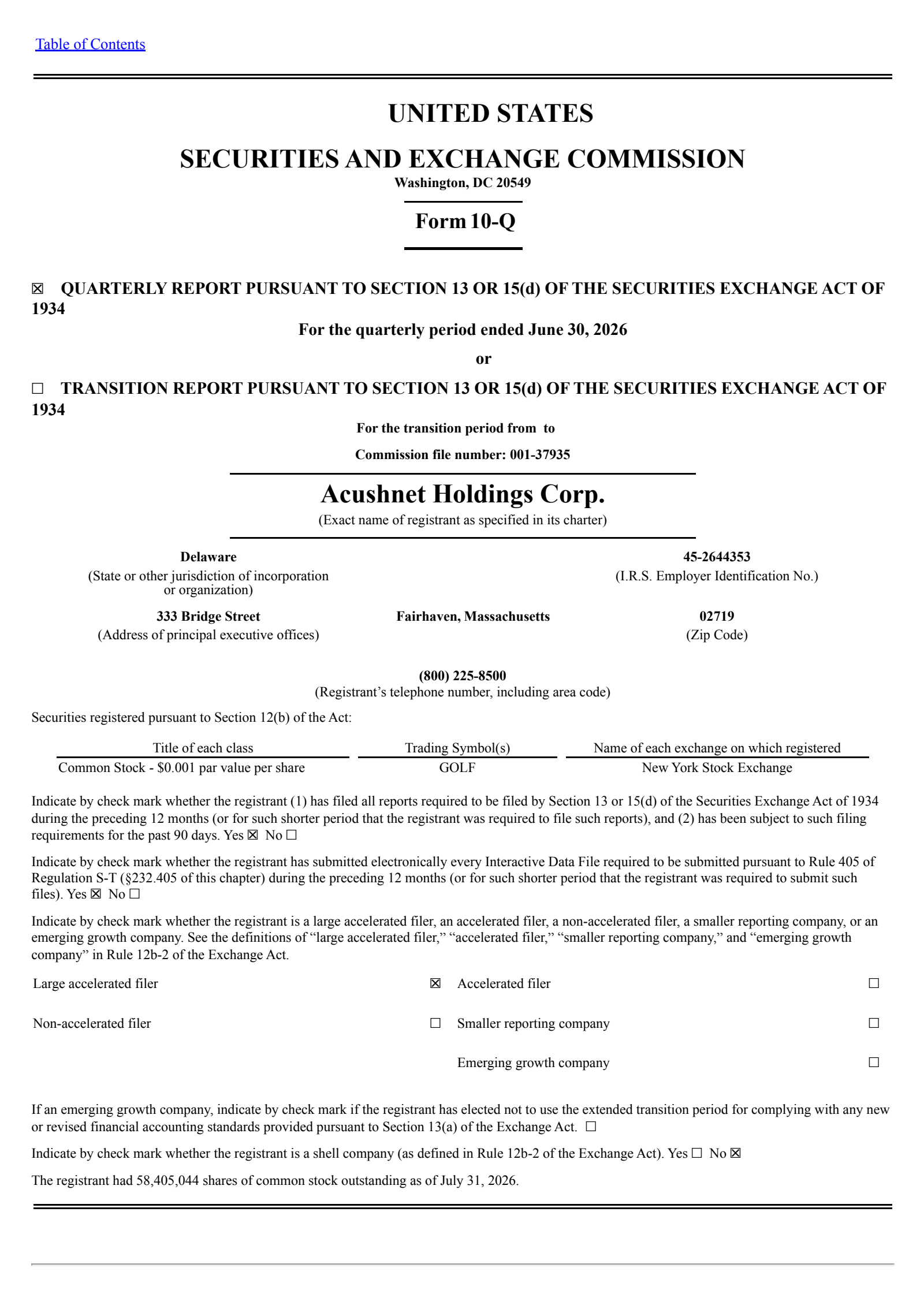 Acushnet's Q2 2026 Quarterly report