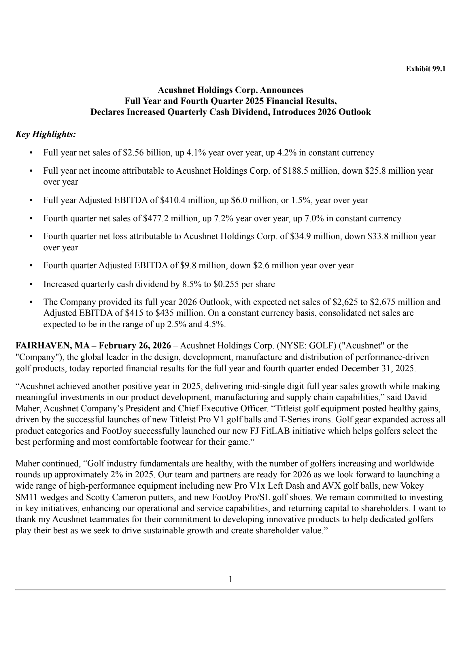Acushnet's Q4 2025 Press Release
