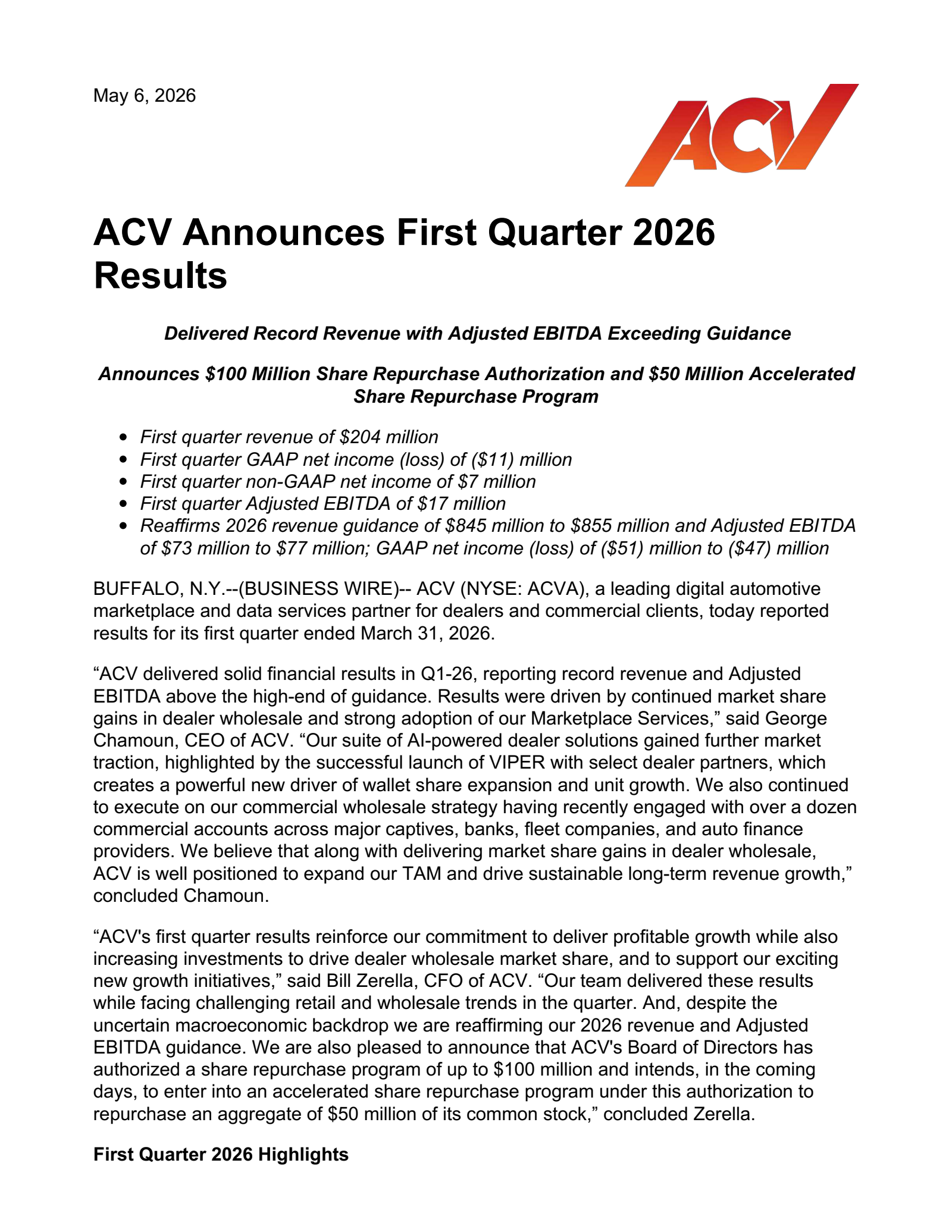 ACV Auctions' Q1 2026 Press Release