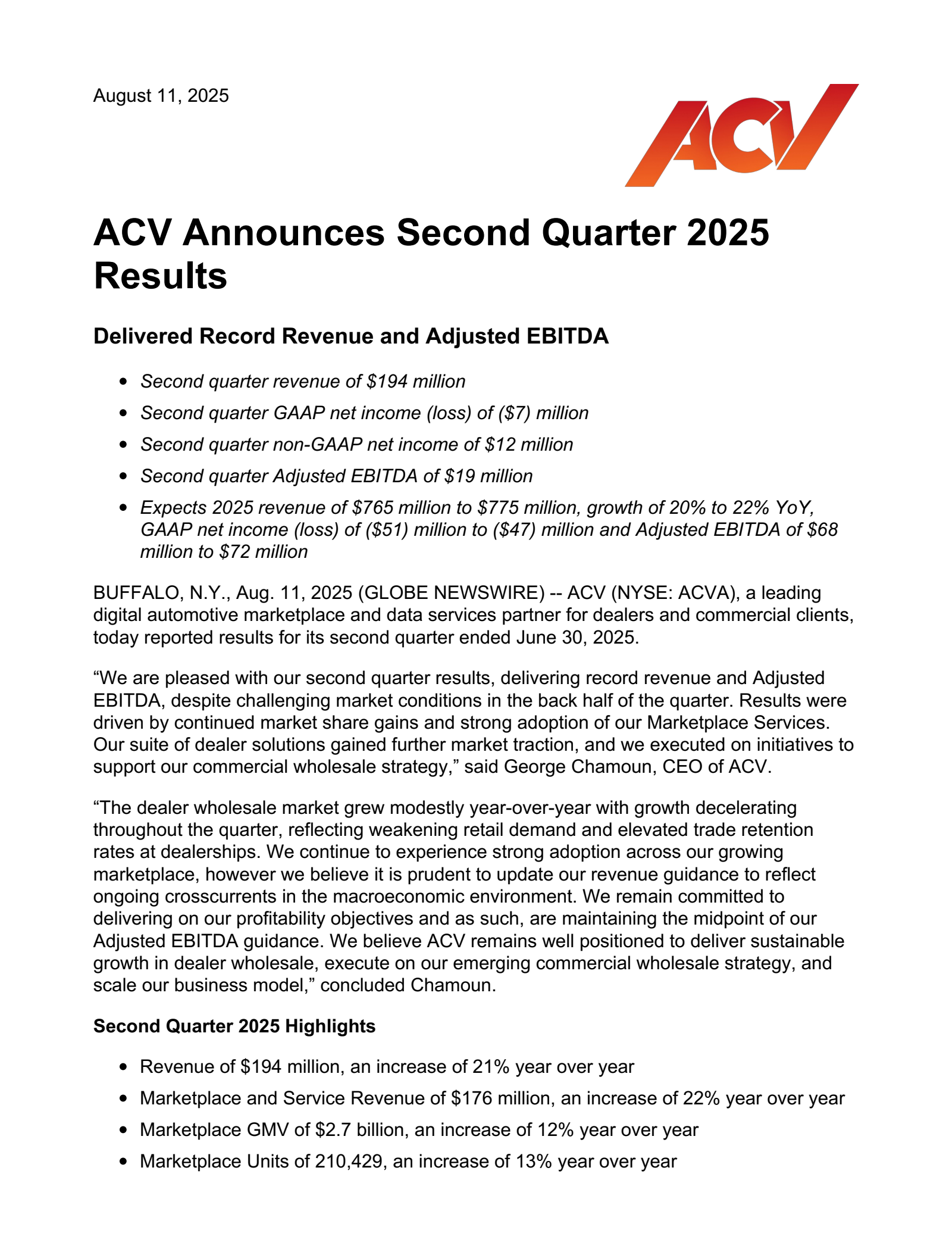 ACV Auctions' Q2 2025 Press Release