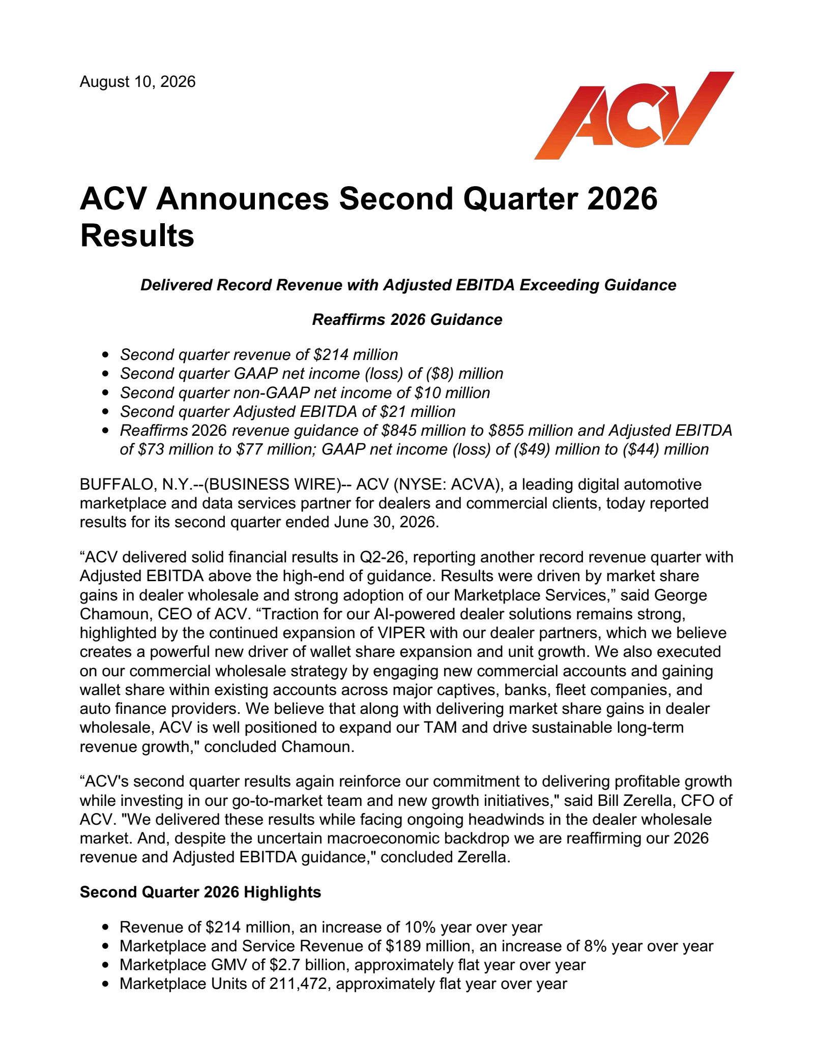 ACV Auctions' Q2 2026 Press Release