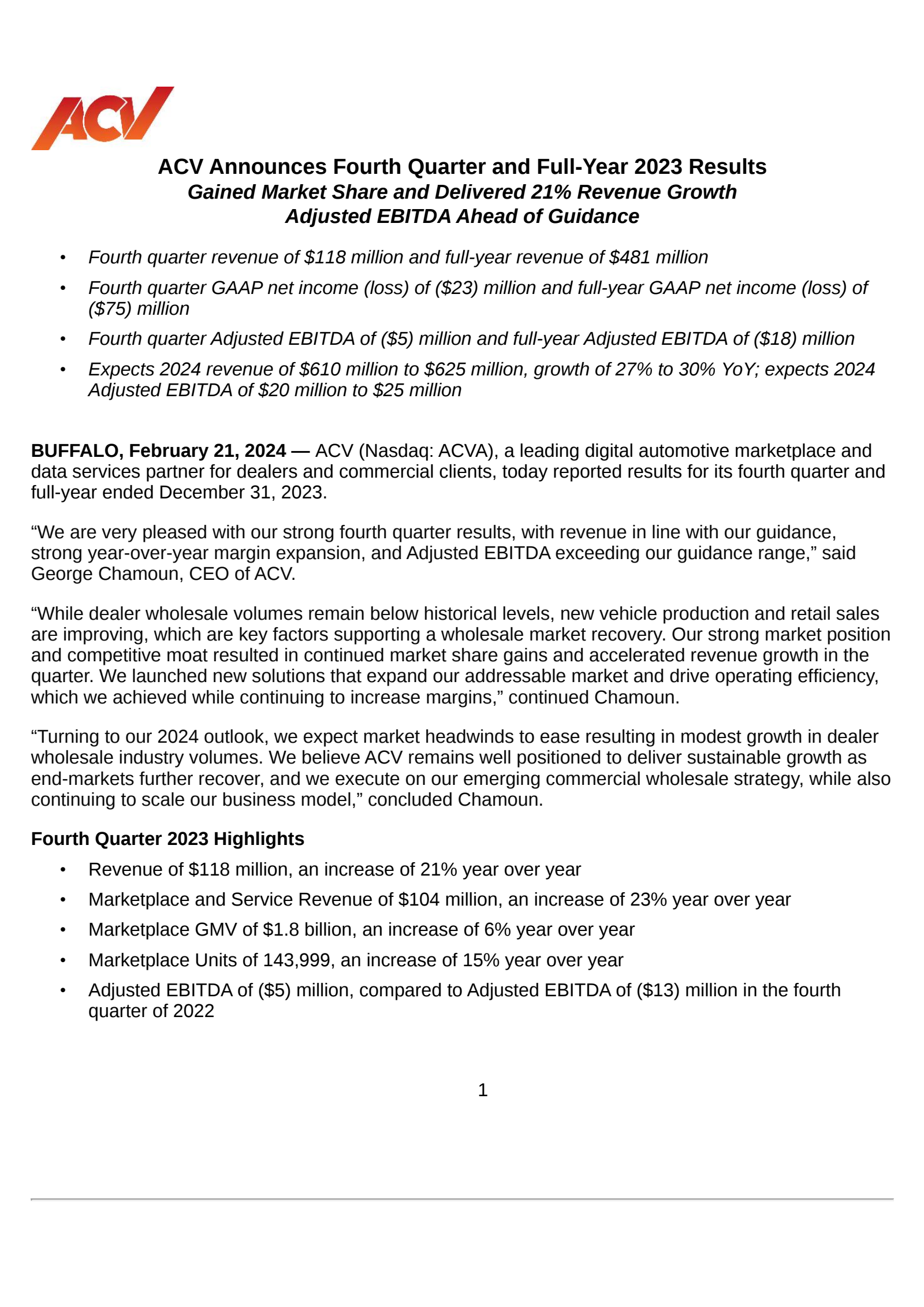 Acv Report ACVA Q4 2023 Earnings Report on 2/21/2024