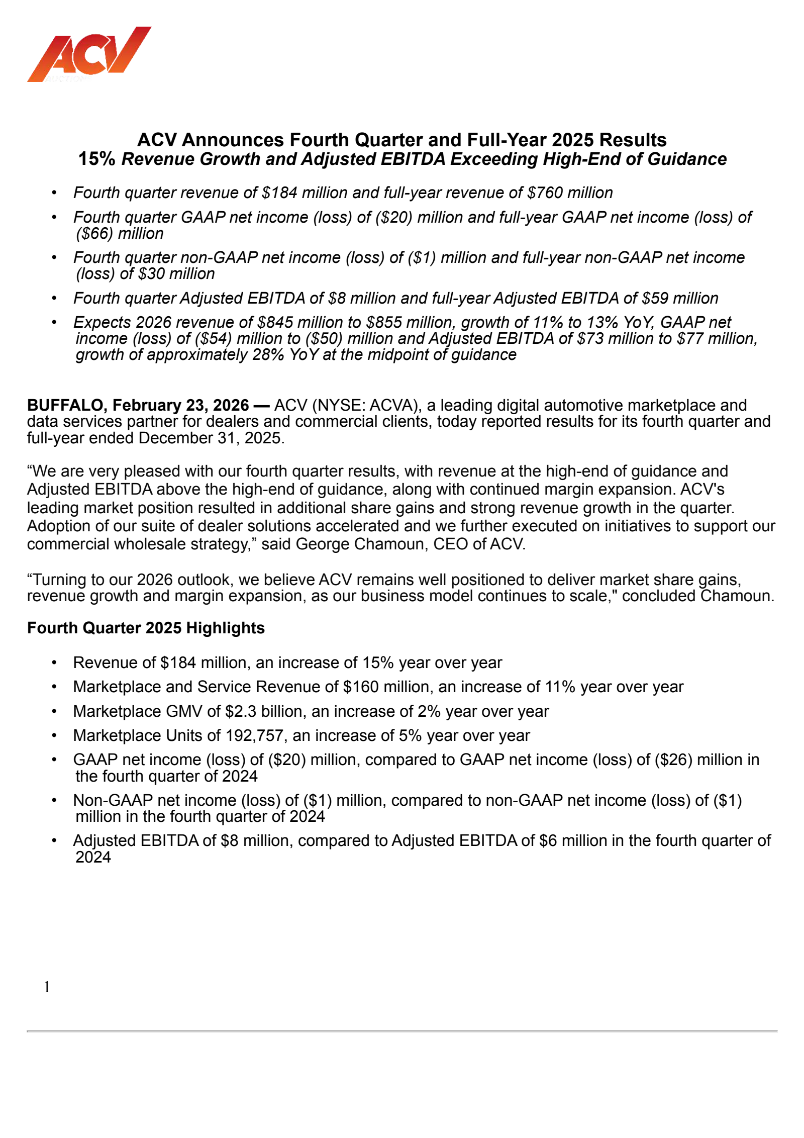 ACV Auctions' Q4 2025 Press Release