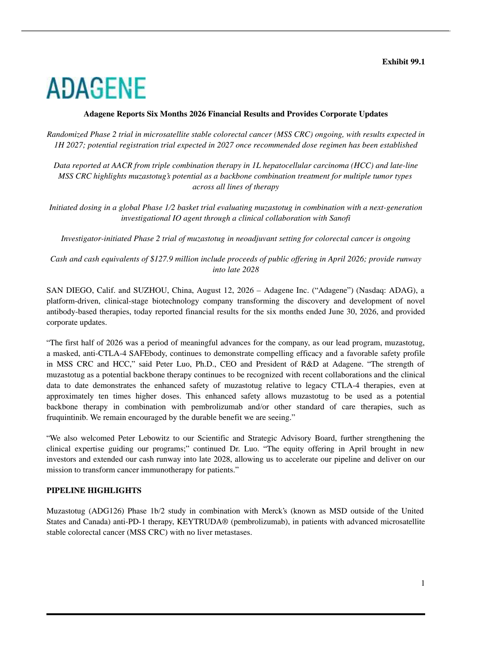 Adagene's Q2 2026 Press Release
