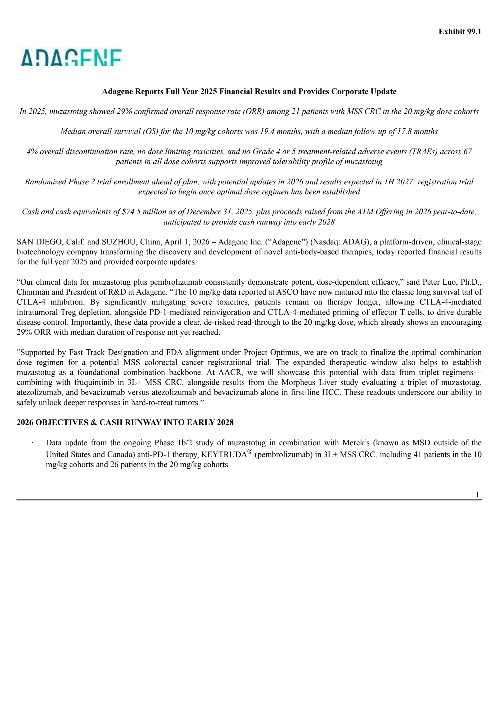 Adagene's Q4 2025 Press Release