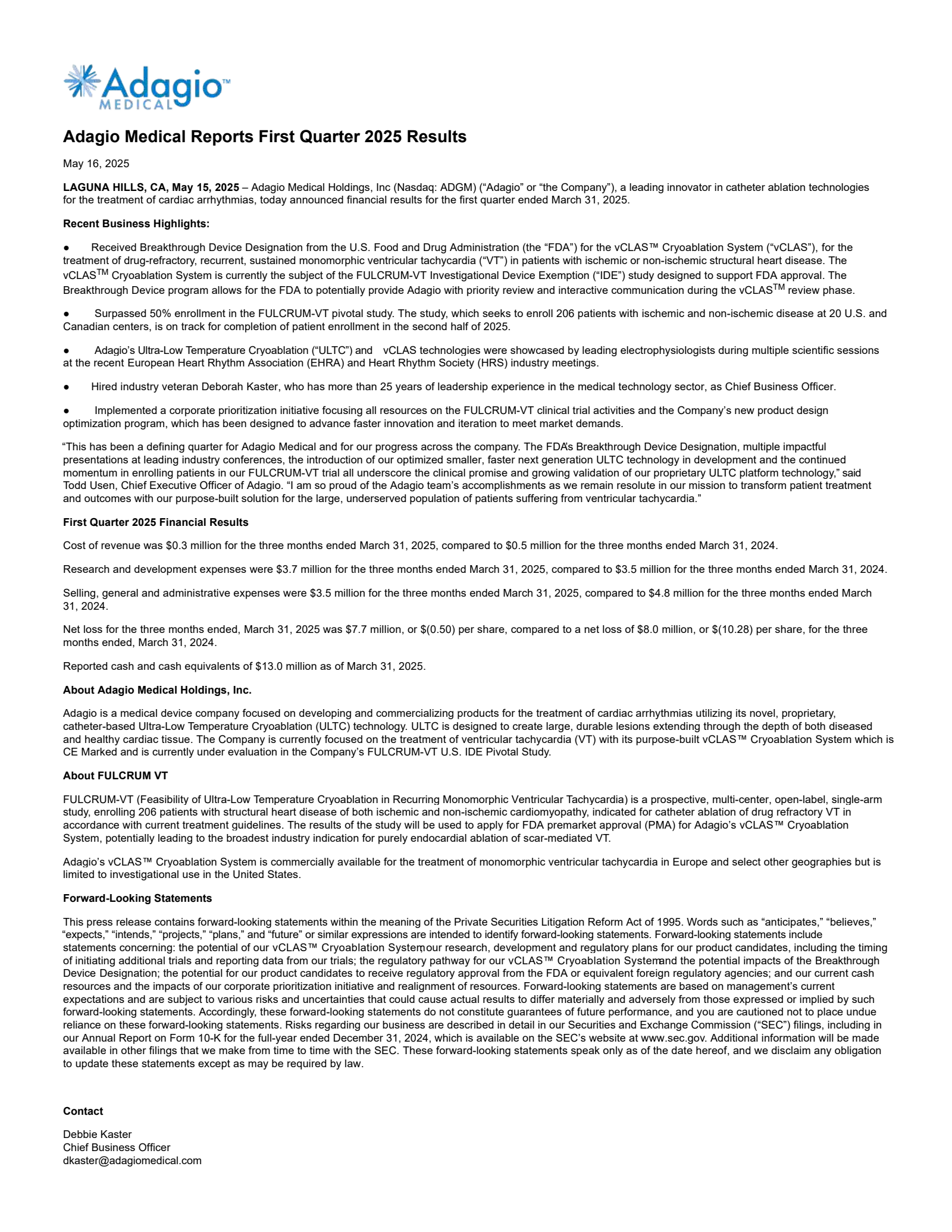 Adagio Medical's Q1 2025 Press Release