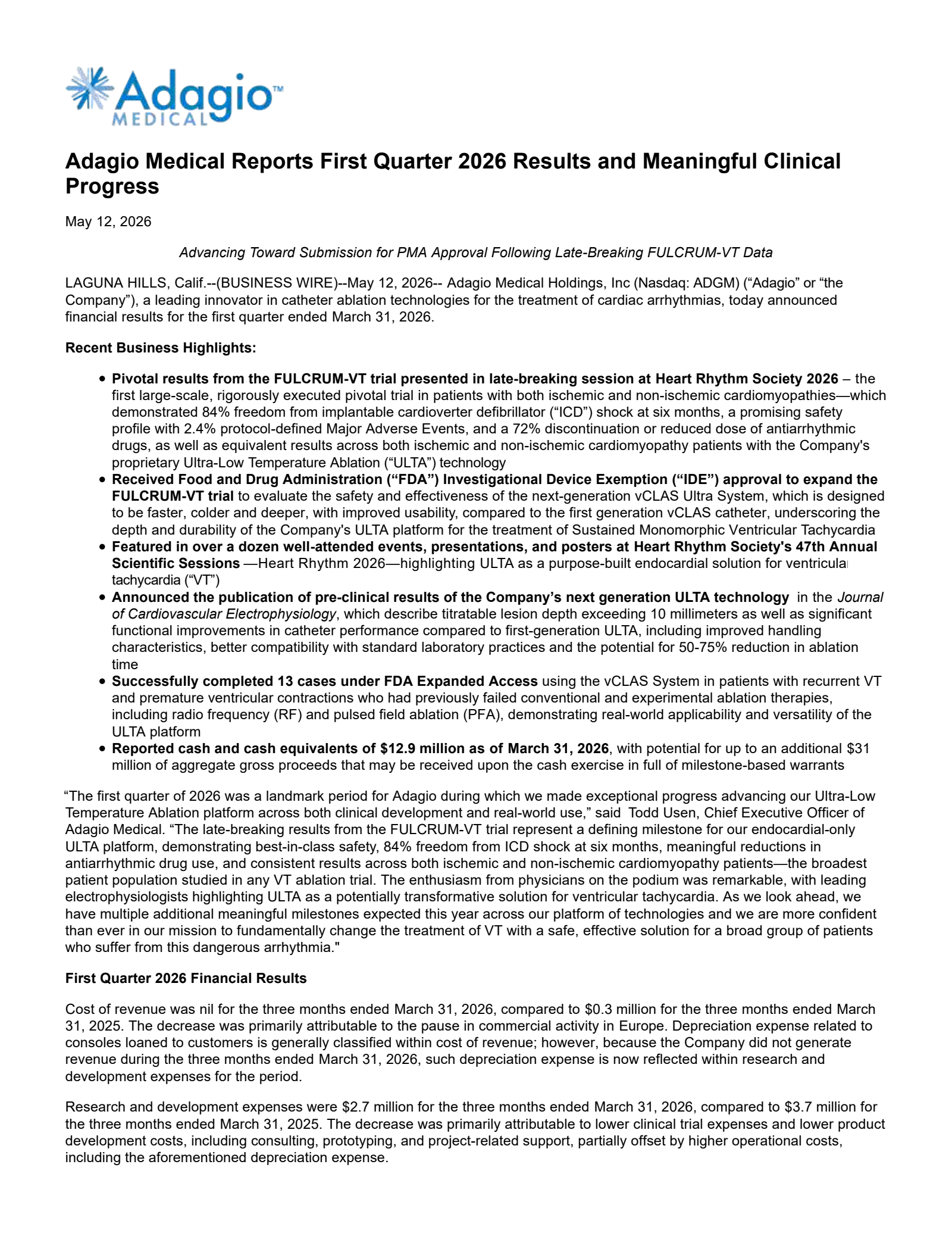 Adagio Medical's Q1 2026 Press Release