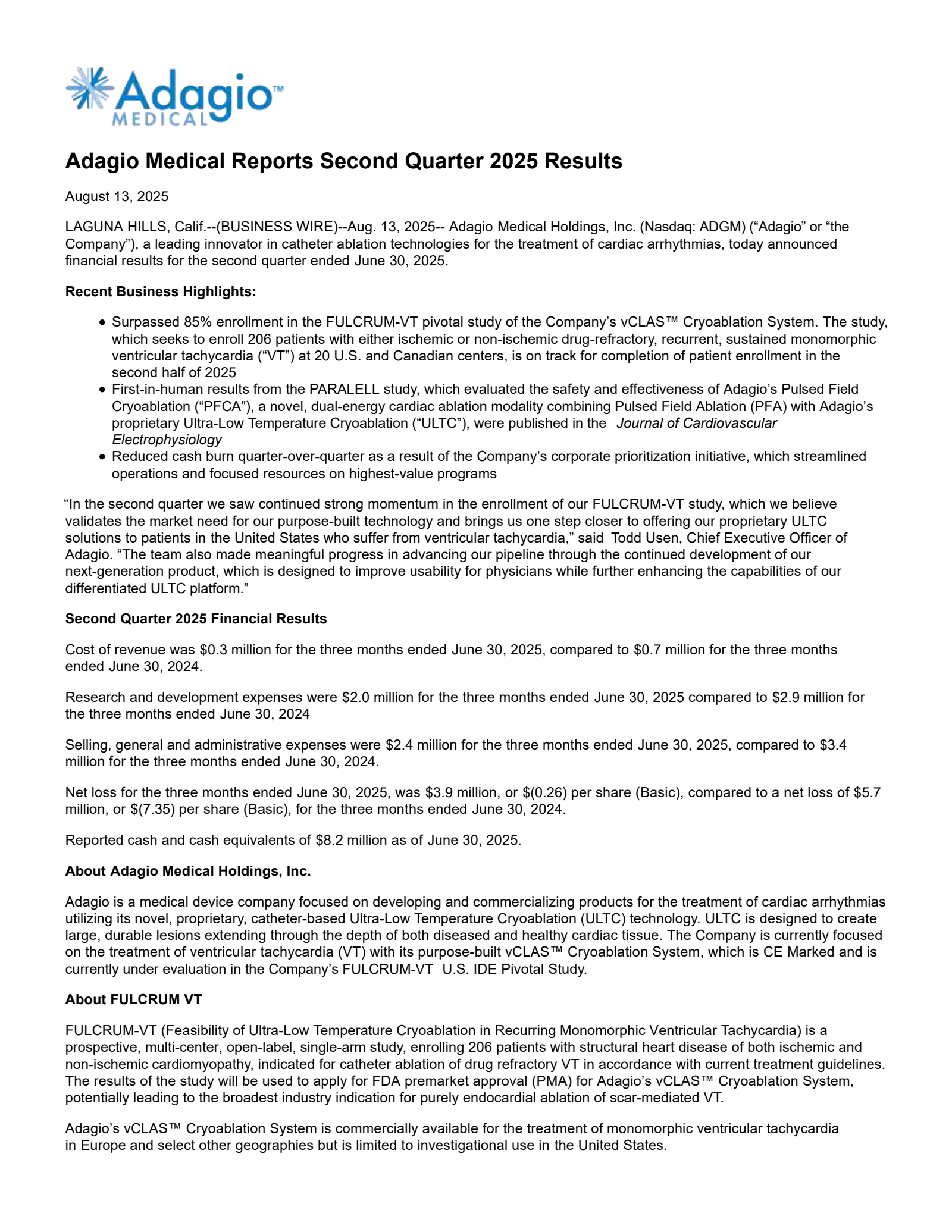 Adagio Medical's Q2 2025 Press Release