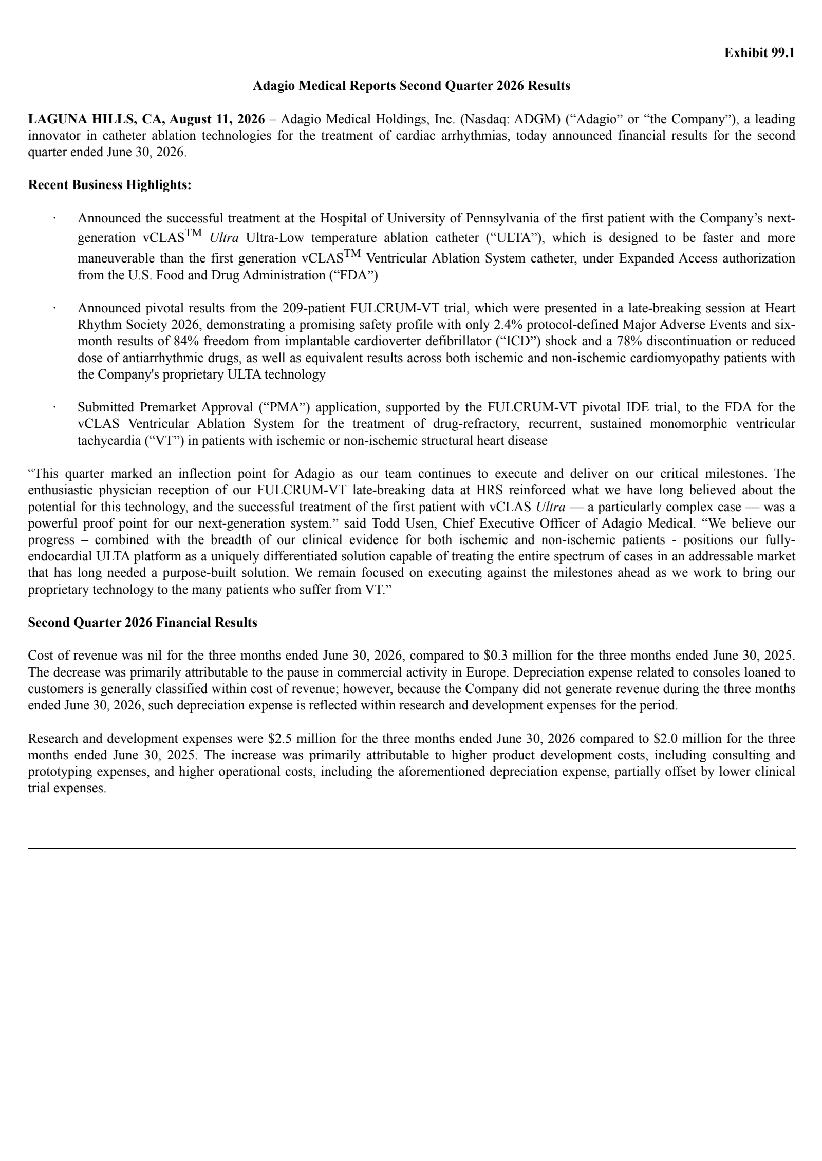 Adagio Medical's Q2 2026 Press Release