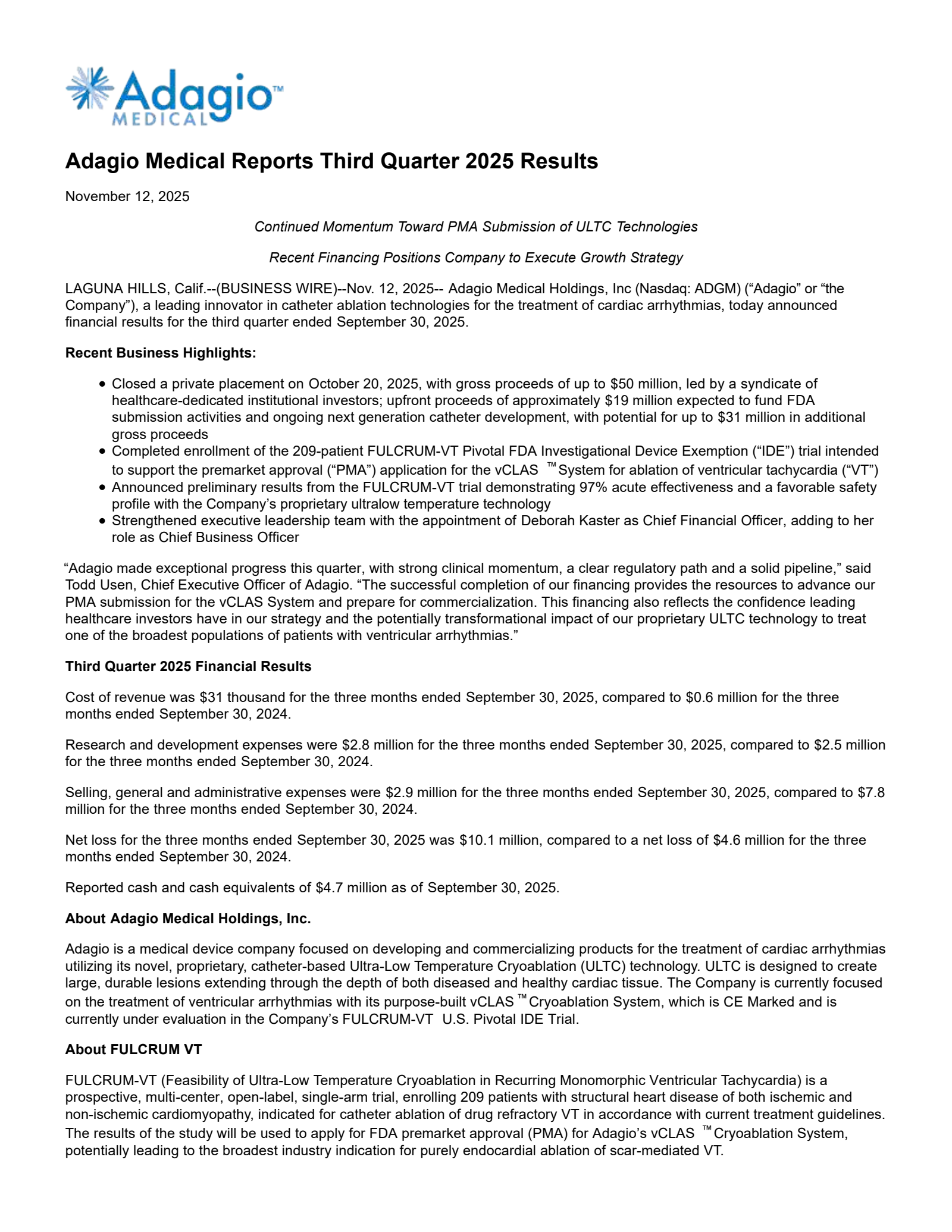 Adagio Medical's Q3 2025 Press Release