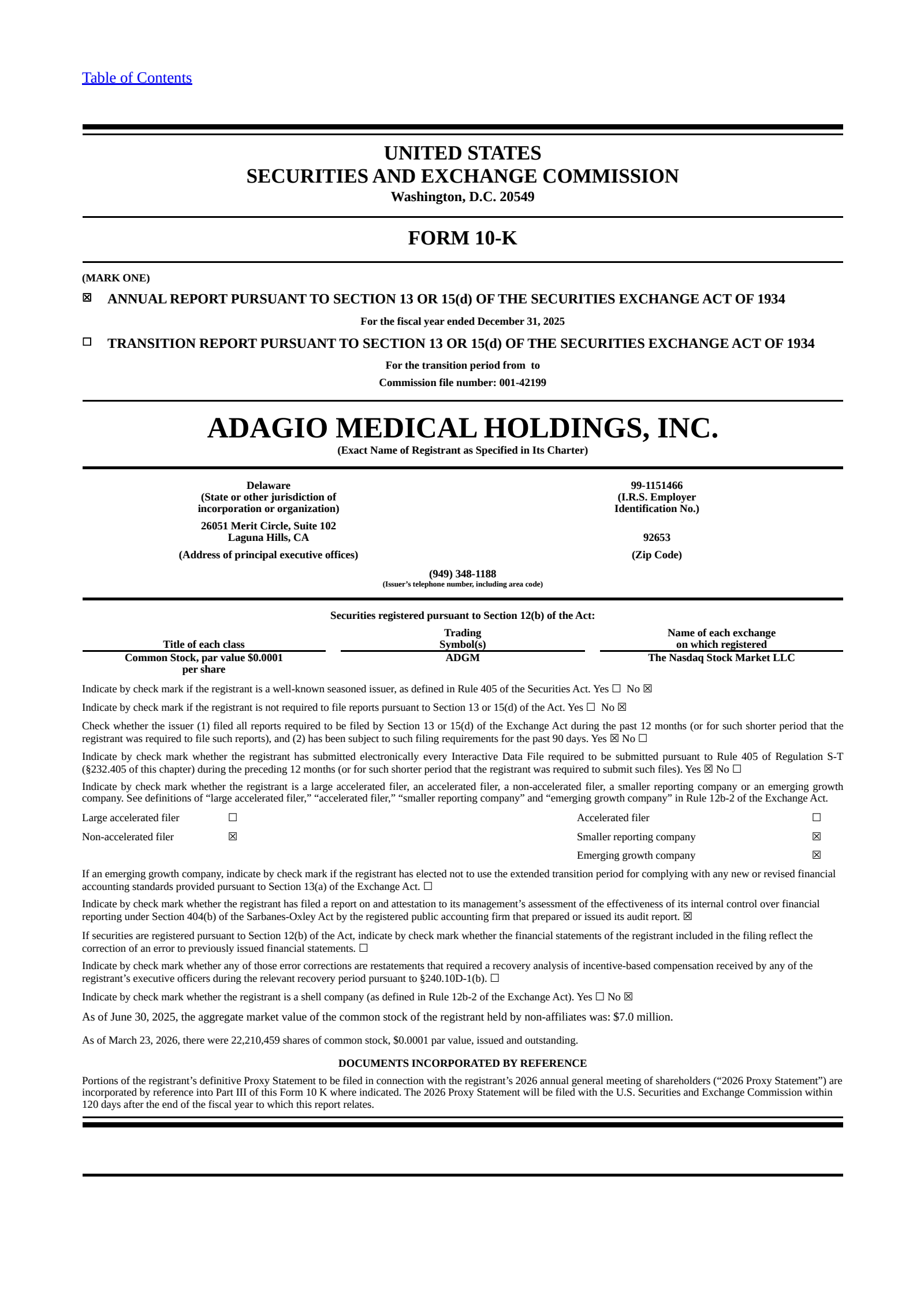 Adagio Medical's Q4 2025 Annual report