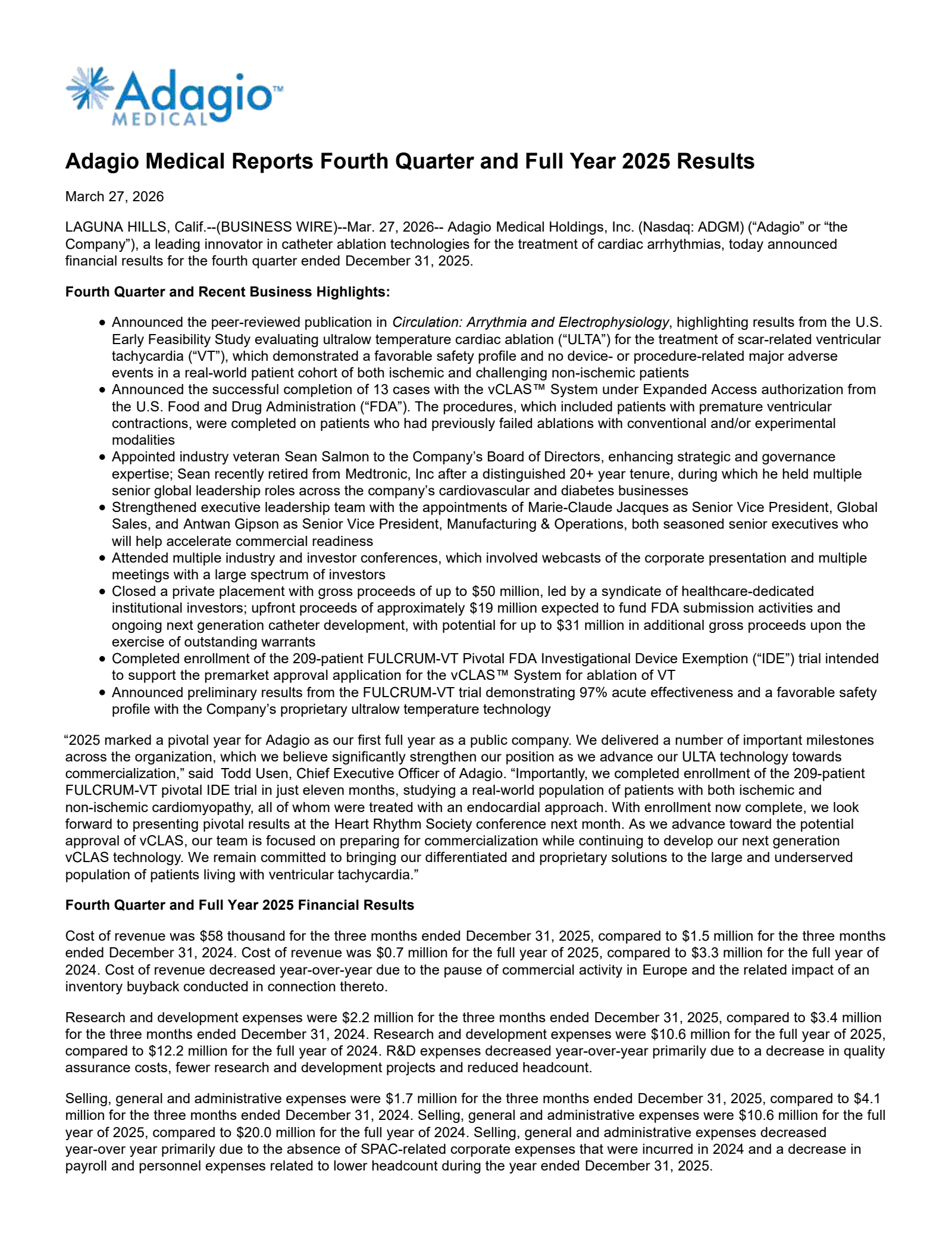 Adagio Medical's Q4 2025 Press Release