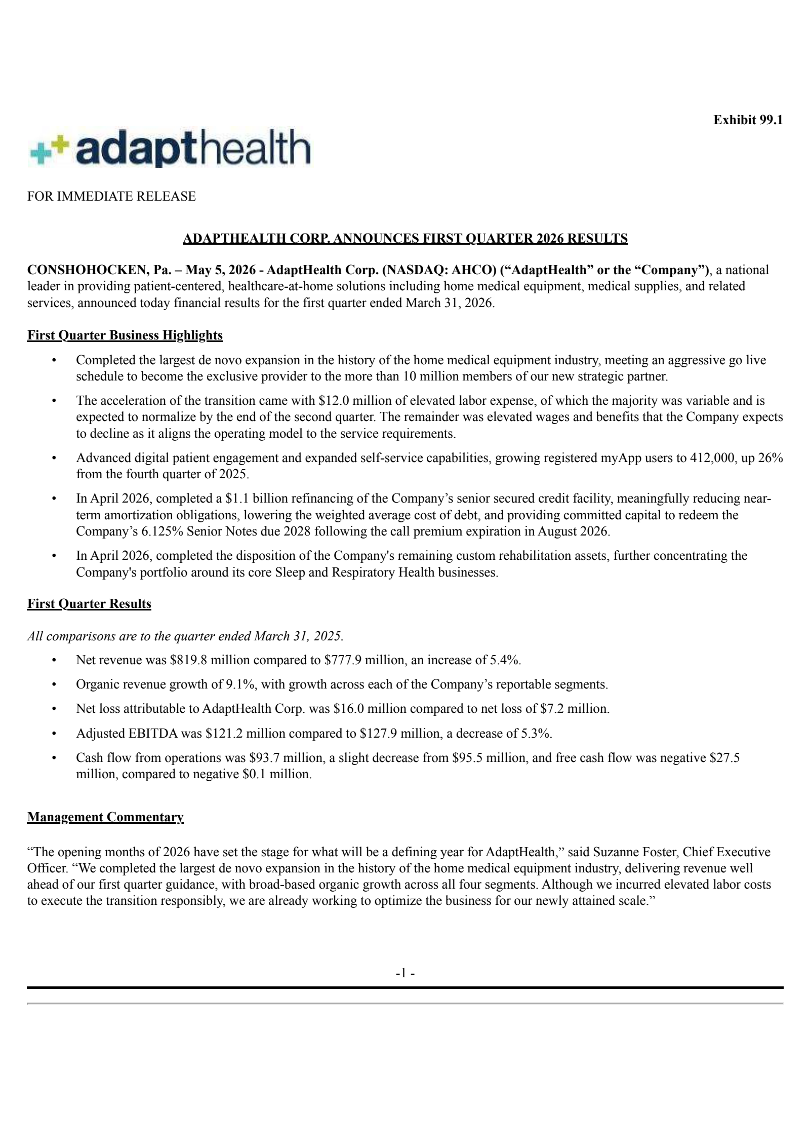 AdaptHealth's Q1 2026 Press Release