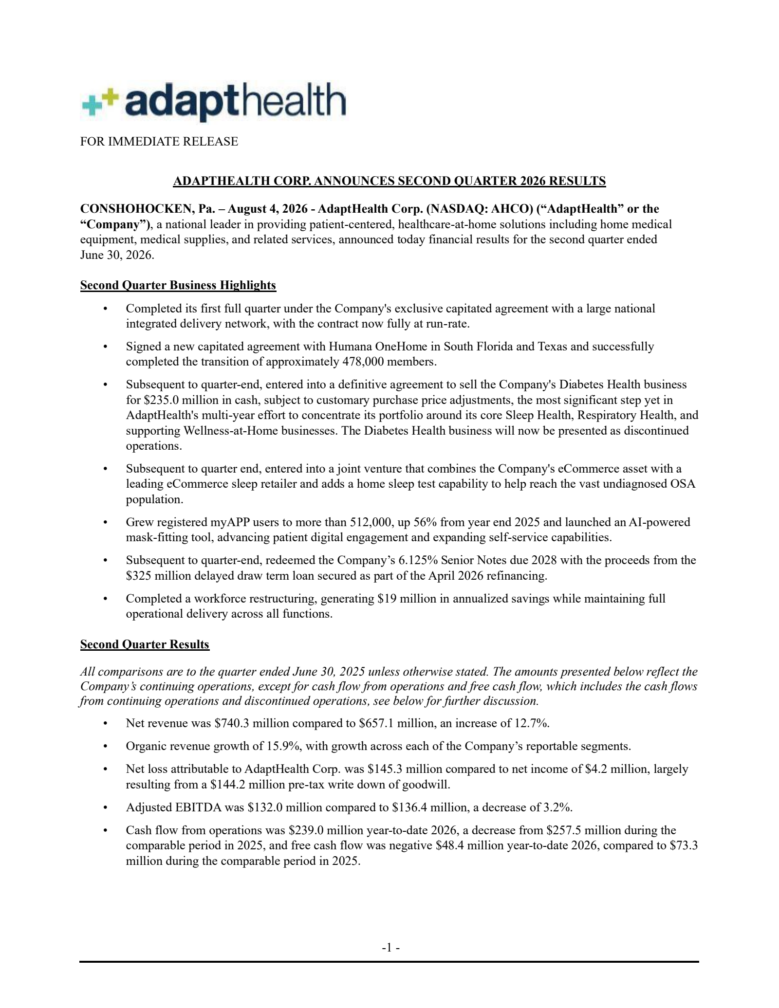 AdaptHealth's Q2 2026 Press Release