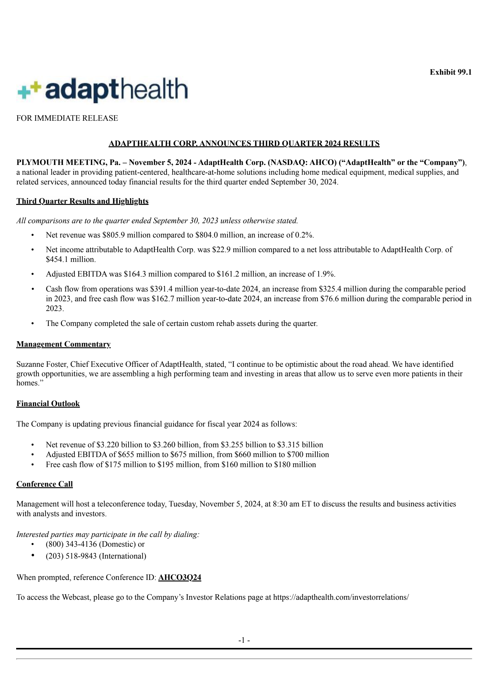 AdaptHealth's Q3 2024 Press Release