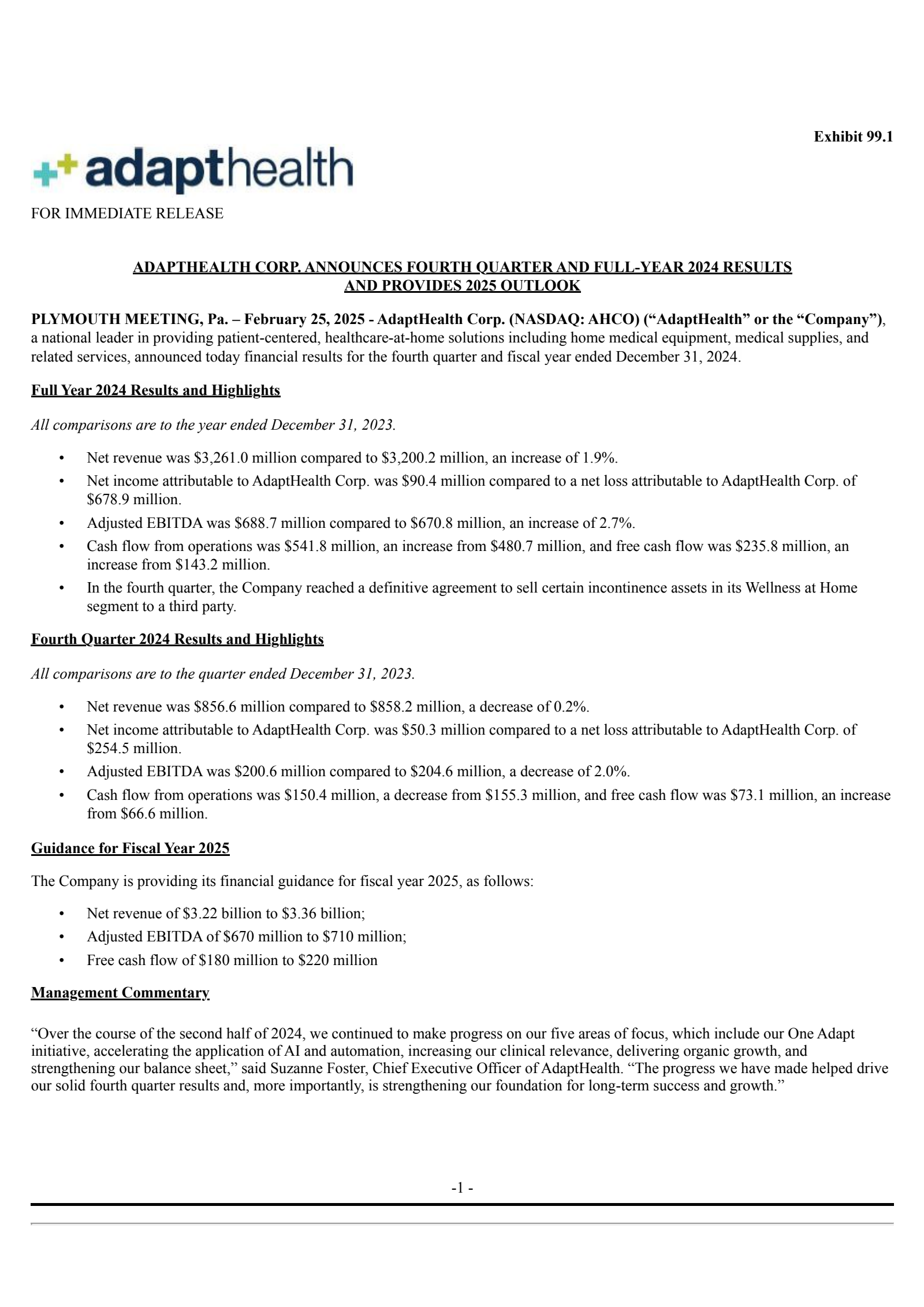 AdaptHealth's Q4 2024 Press Release