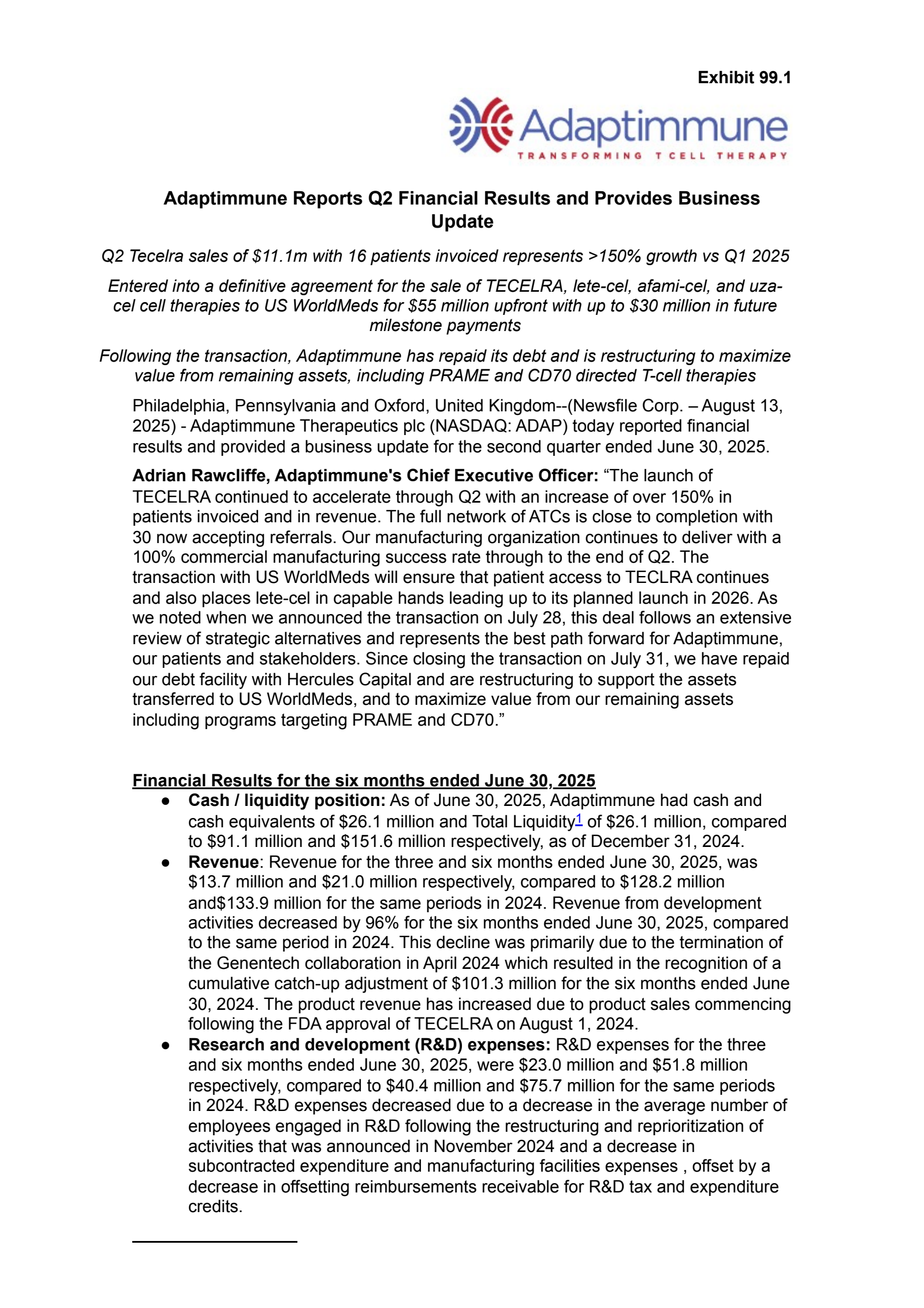 Adaptimmune Therapeutics' Q2 2025 Press Release