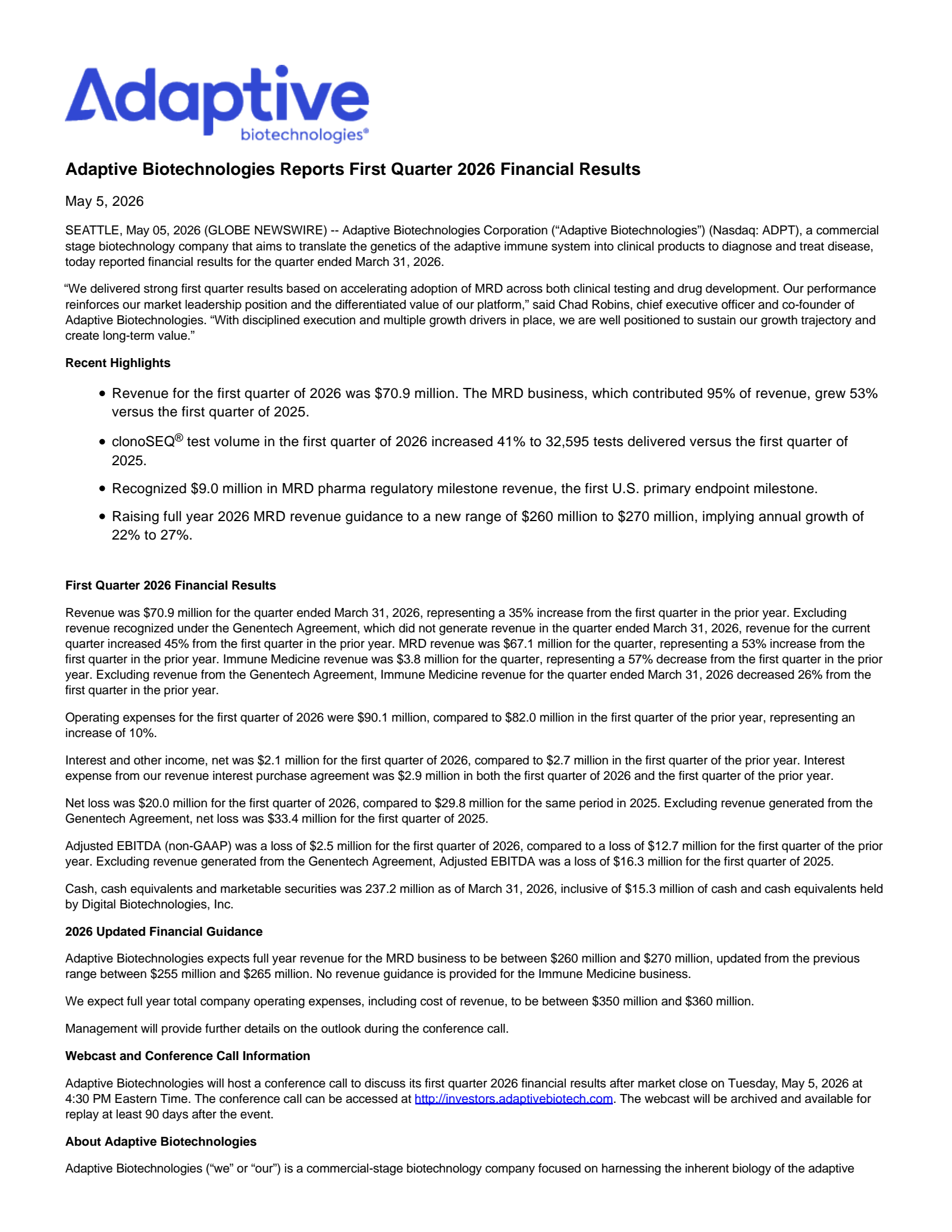 Adaptive Biotechnologies' Q1 2026 Press Release