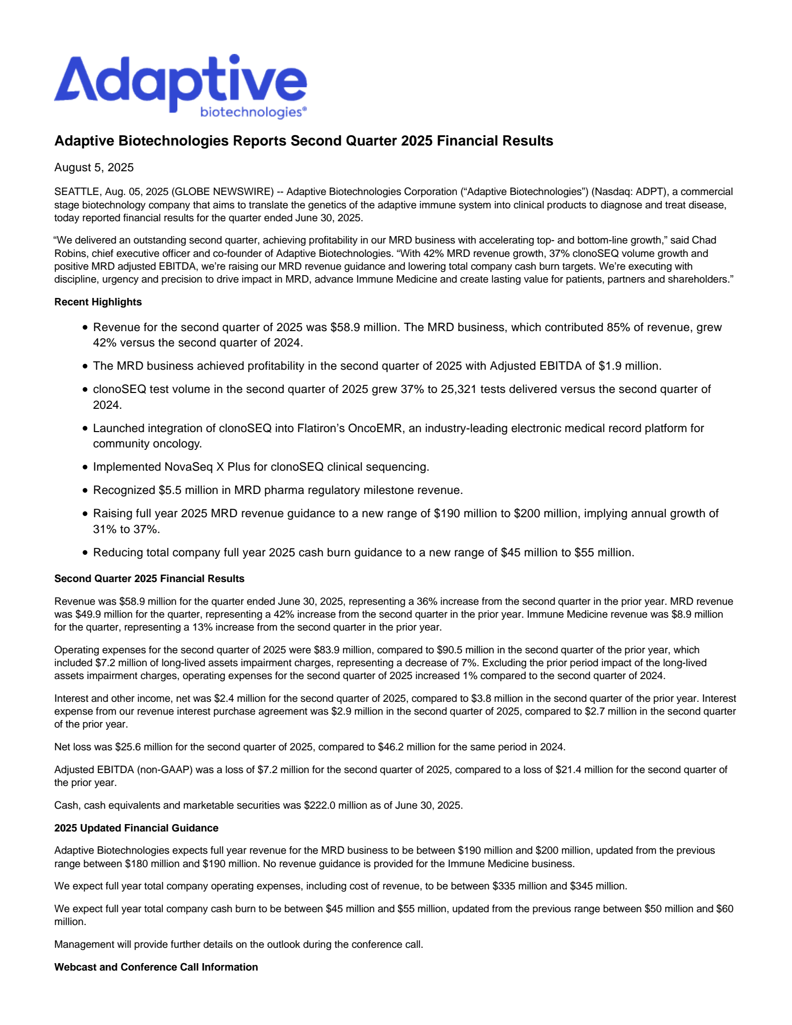 Adaptive Biotechnologies' Q2 2025 Press Release